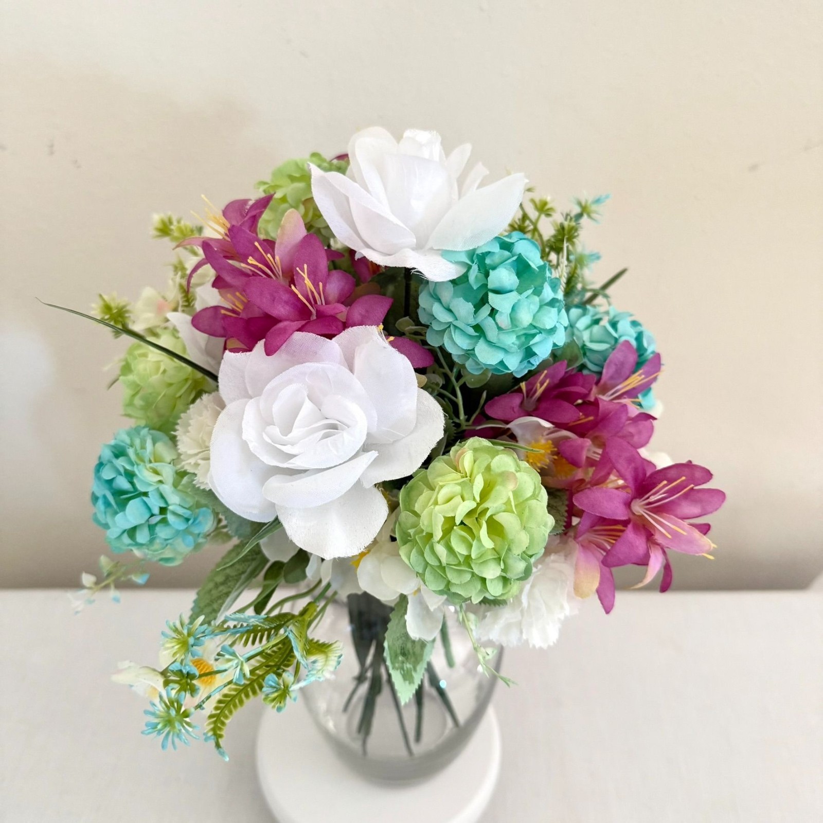 Handcrafted Floral Centerpiece Arrangement Clear Hourglass Vase Upcycled Decor