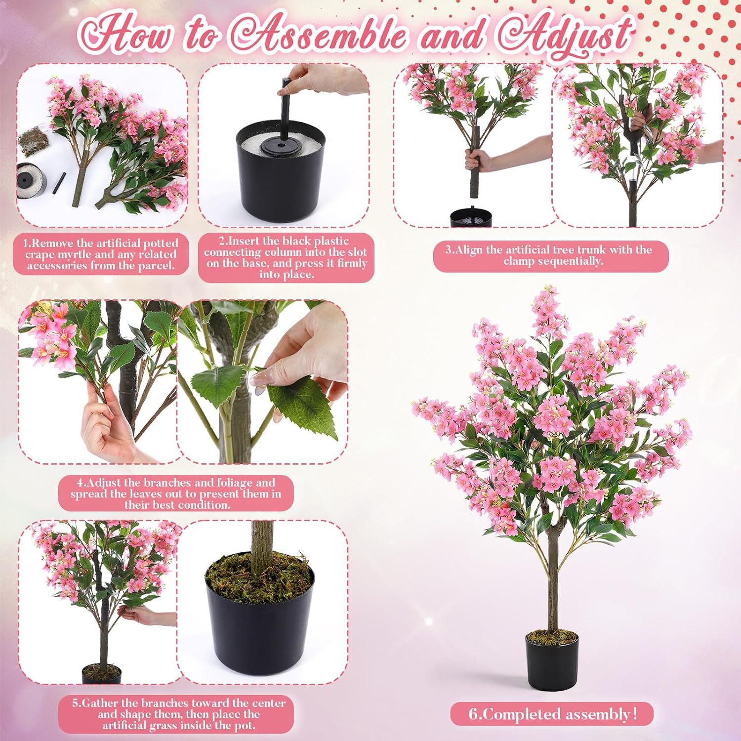 1 Pack 3.5 Ft Artificial Pink Crape Myrtle Tree Plant, 42 Inch Faux Blooming Lag