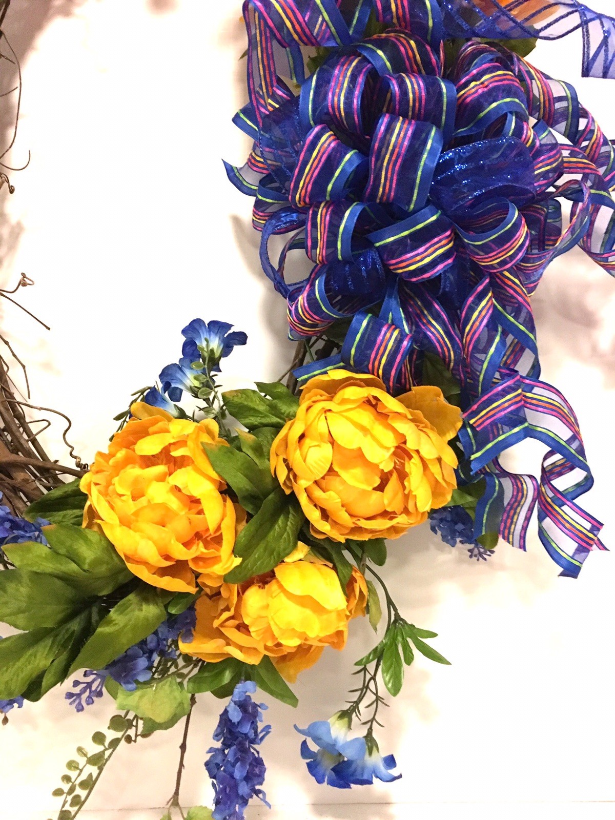 Spring Summer All Season OVAL Floral Wreath Blue Gold Yellow Indoor Outdoor 24”