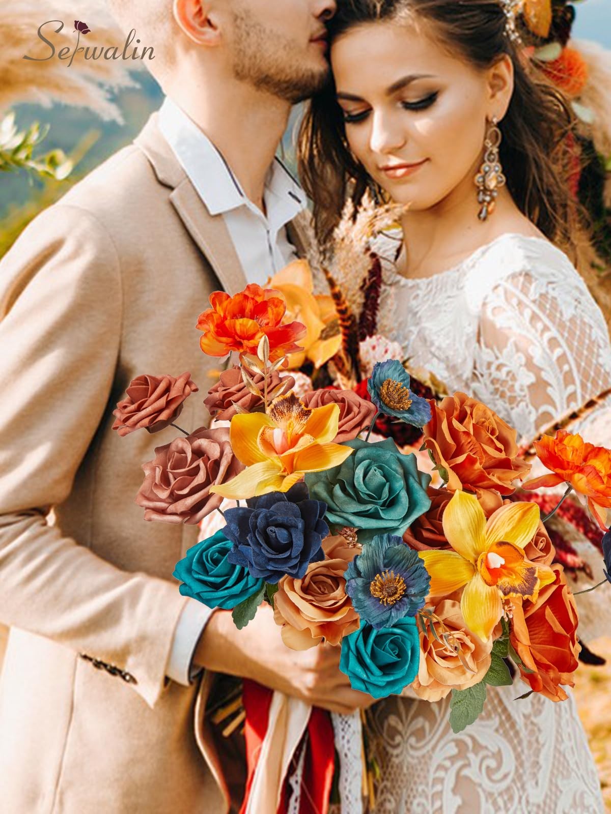 Teal Burnt Orange Artificial Silk Flowers Wedding Bridal Bouquet Party Decor