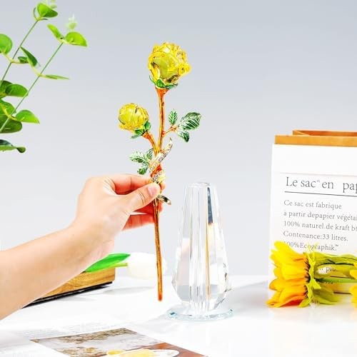 YWHL Handmade Yellow Rose Flower Crystal Figurine with Vase, Bouquet Glass Fl…