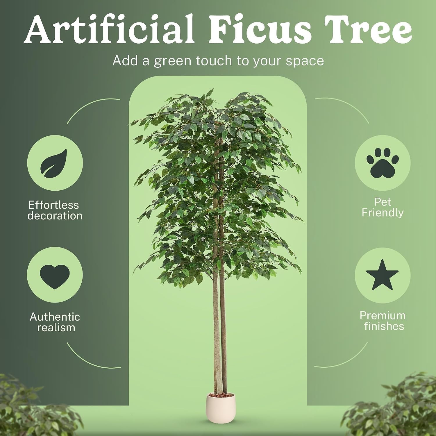 Tall Faux Ficus Plants 6ft Pre Potted with Wood Chips for Home and Office Decor
