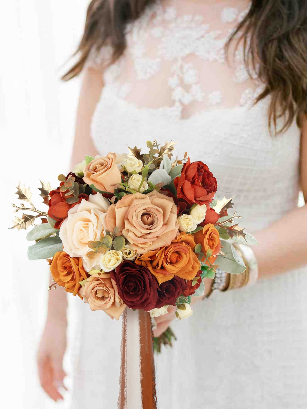 Rinlong 9″ Wide Burnt Orange Wedding Bouquet for Bride, Rustic Terracotta Art…