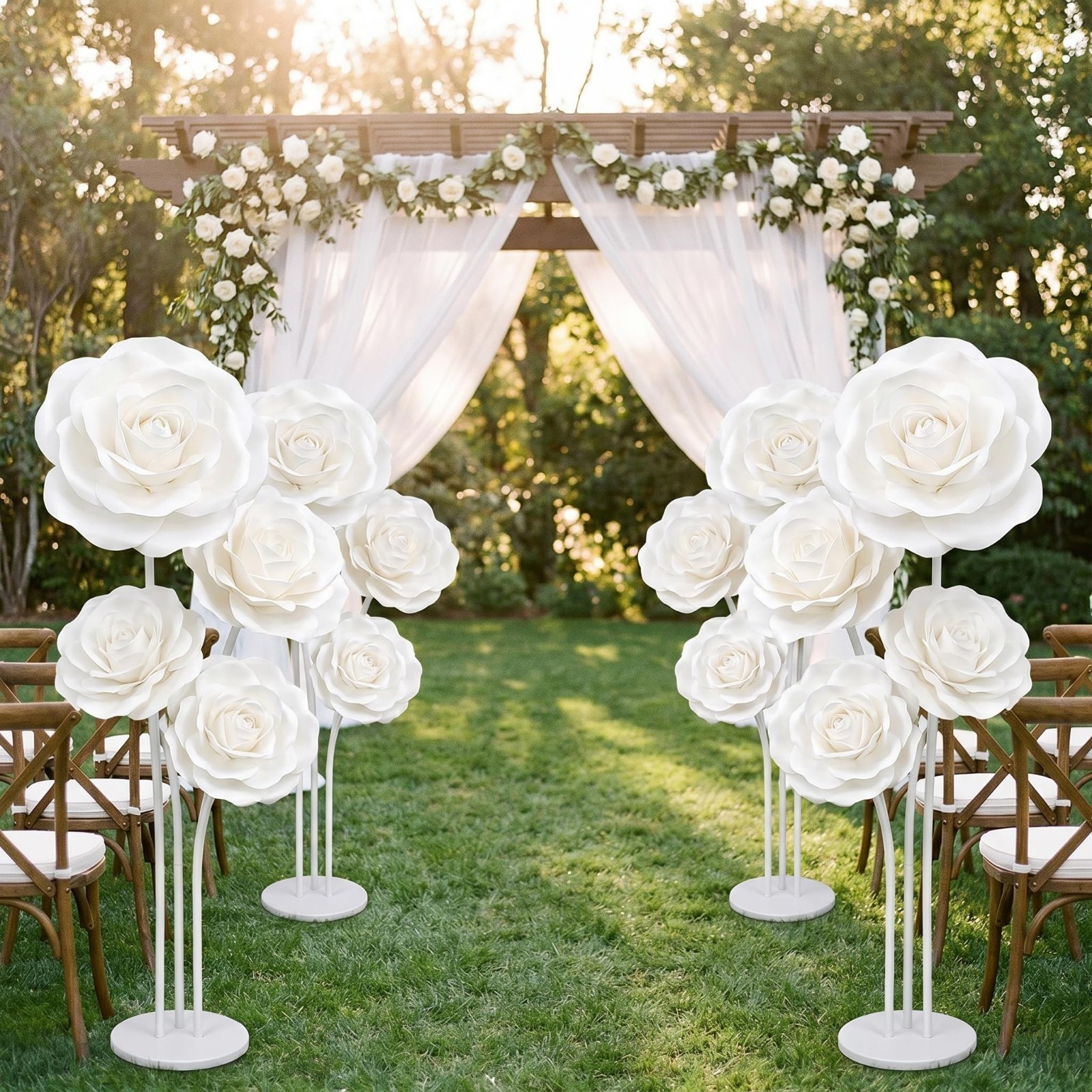 3 Pcs Giant White Velvet Roses – 12, 16, 20 Inch Paper Flowers for Wedding, Home
