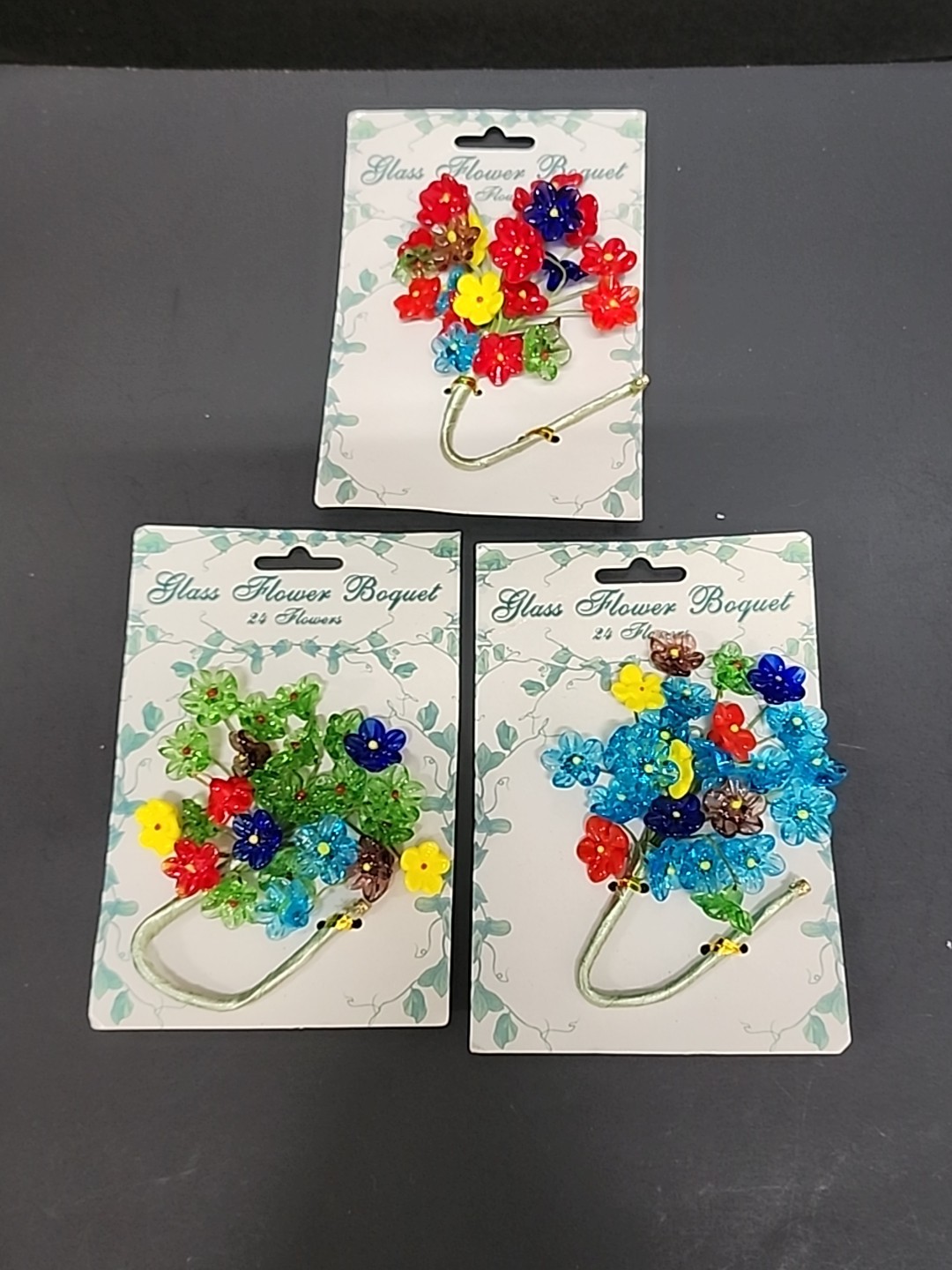 24 Mini Glass Flowers Wire Stem Bouquet Red Blue Yellow Green Purple NOS Lot 3