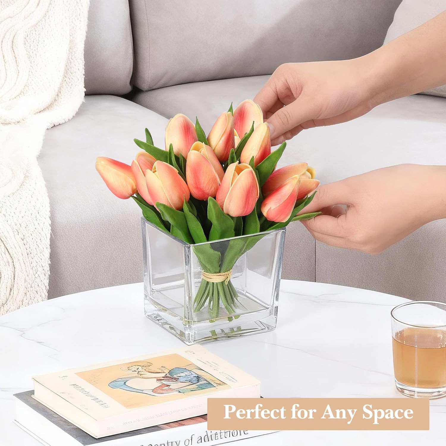 Orange Tulip Artificial Flower w/ Glass Vase Faux Water Silk Faux Tulip Flower