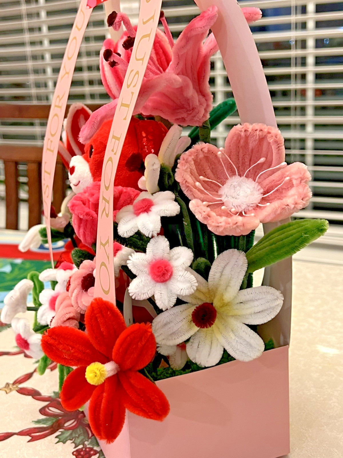 handmade flower bouquet from fuzzy wire for Valentines