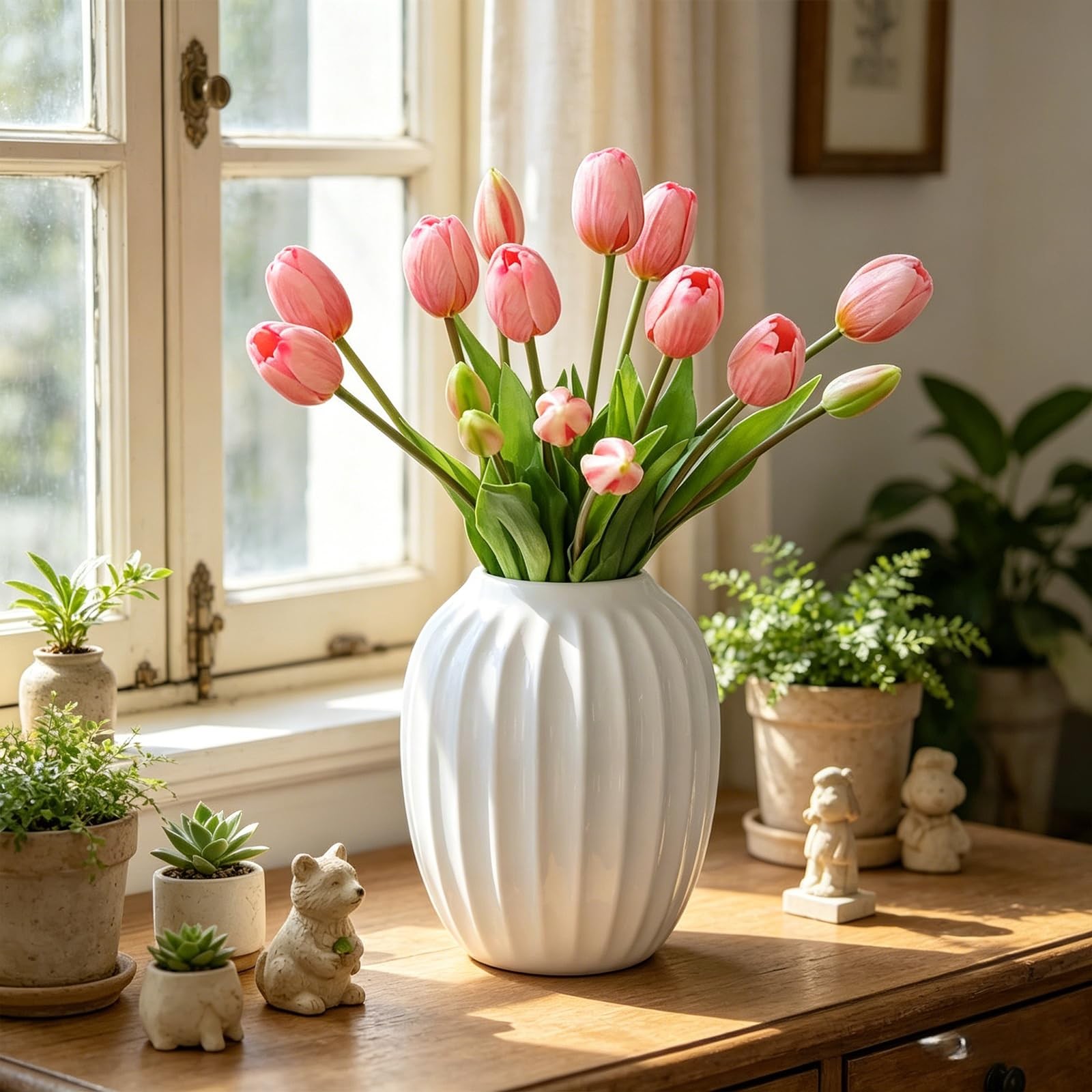 15 PCS Artificial Tulip Flowers Real Touch Latex Fake Bouquets Pink Decor