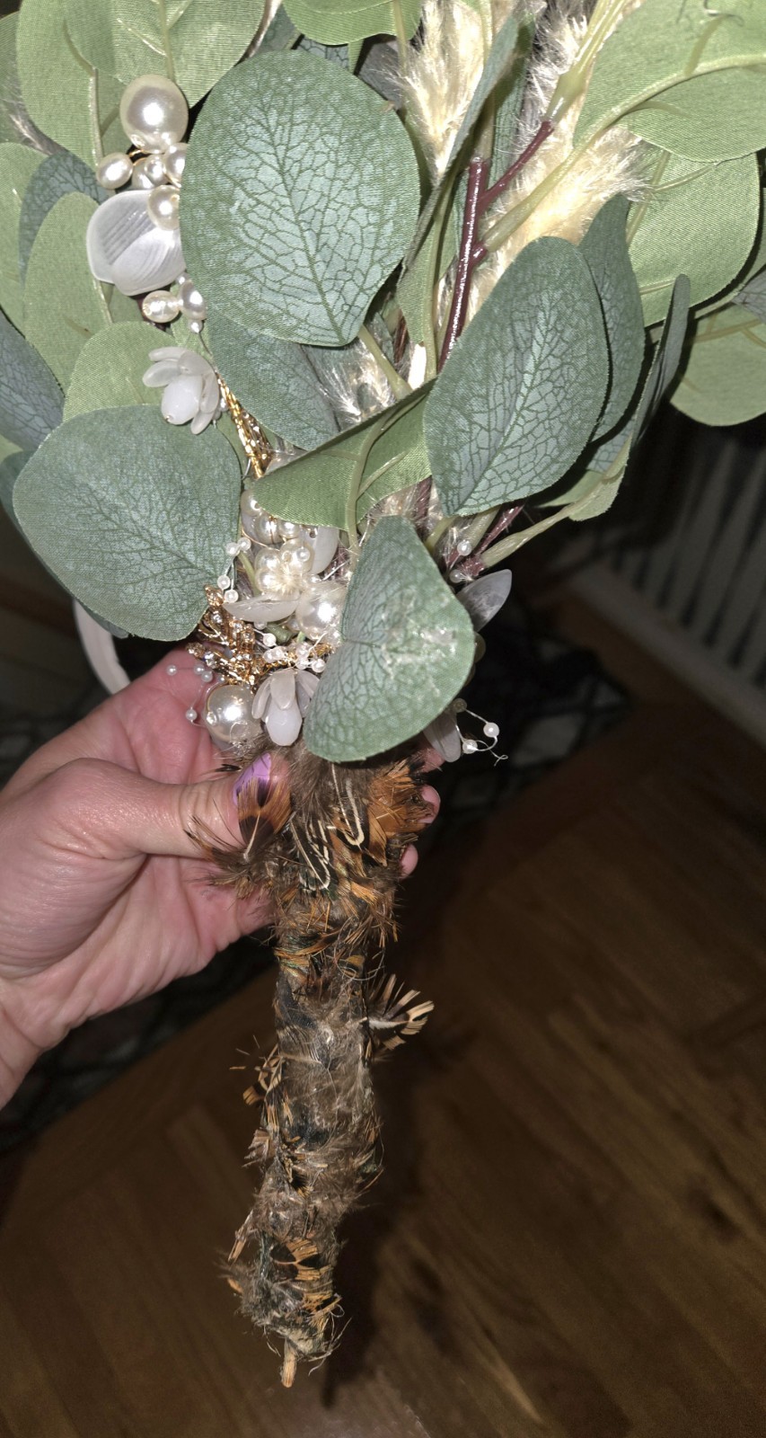 Boho Faux Eucalyptus & Feather Bouquet Rustic Pearl Floral Arrangement