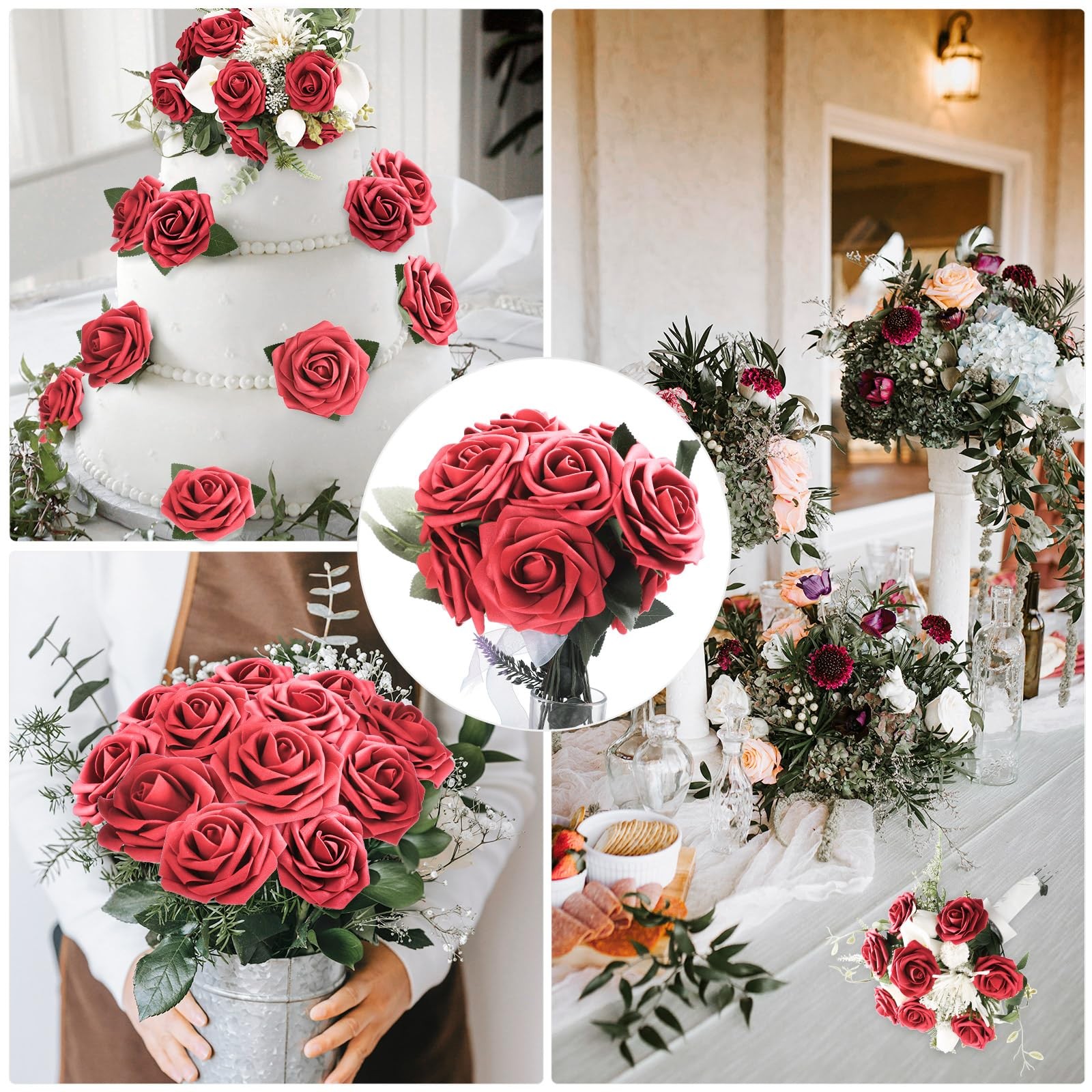 100 Pcs Artificial Flowers Real Looking Rose Flowers Foam Fake Roses With Leaves