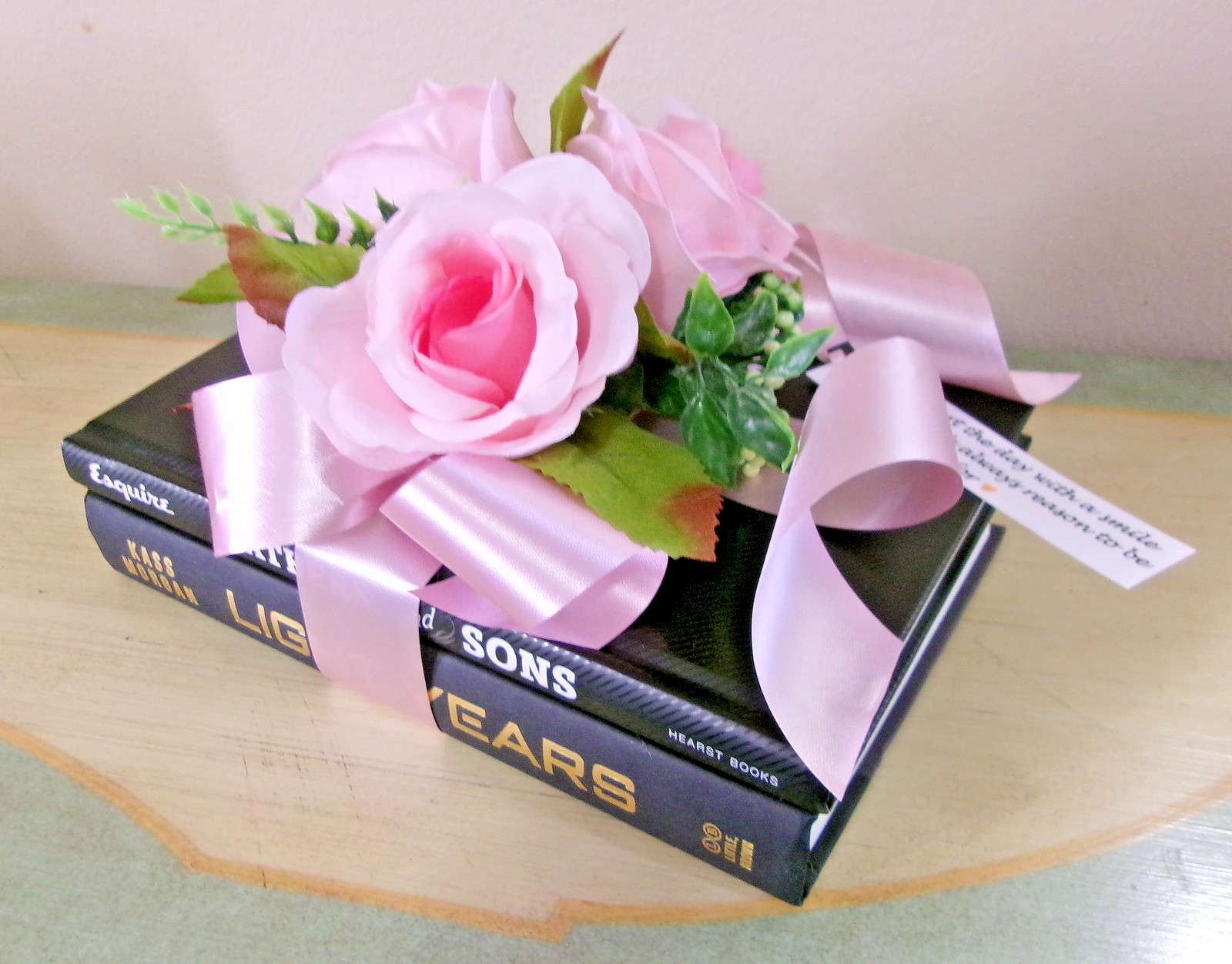 Decorative Book with Silk Pink Roses Accent Arrangement New