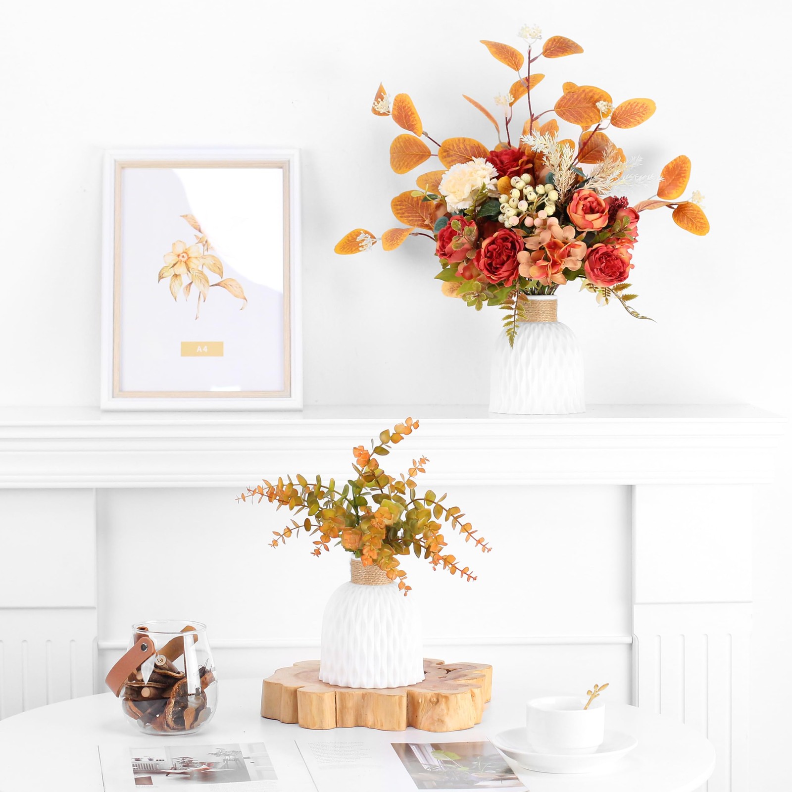 2 PCS Orange Artificial Flower Arrangement In Plastic Vases Desk Home Decor