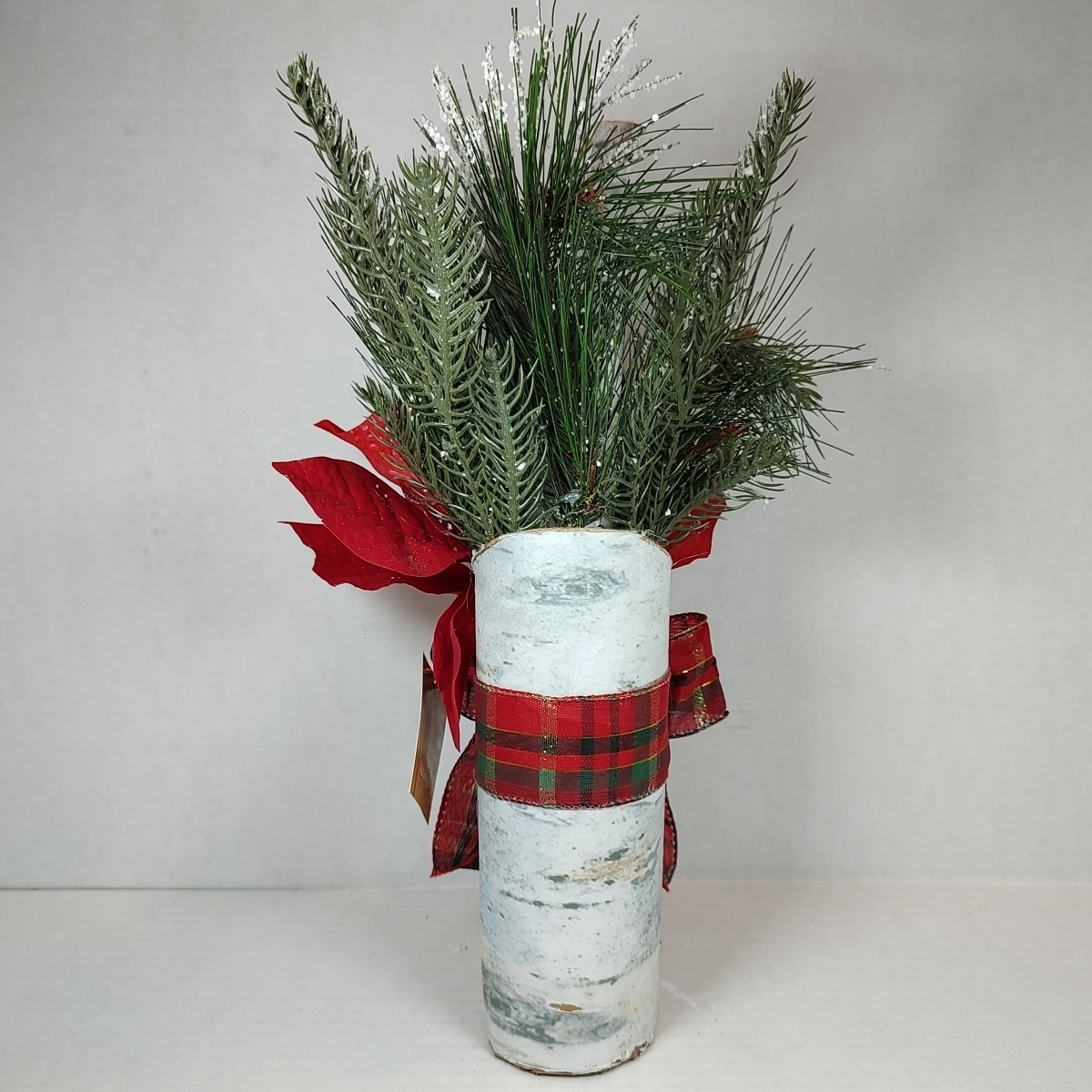 Red Plaid Holiday Christmas Flower Floral Bouquet Arrangement Poinsettia Birch