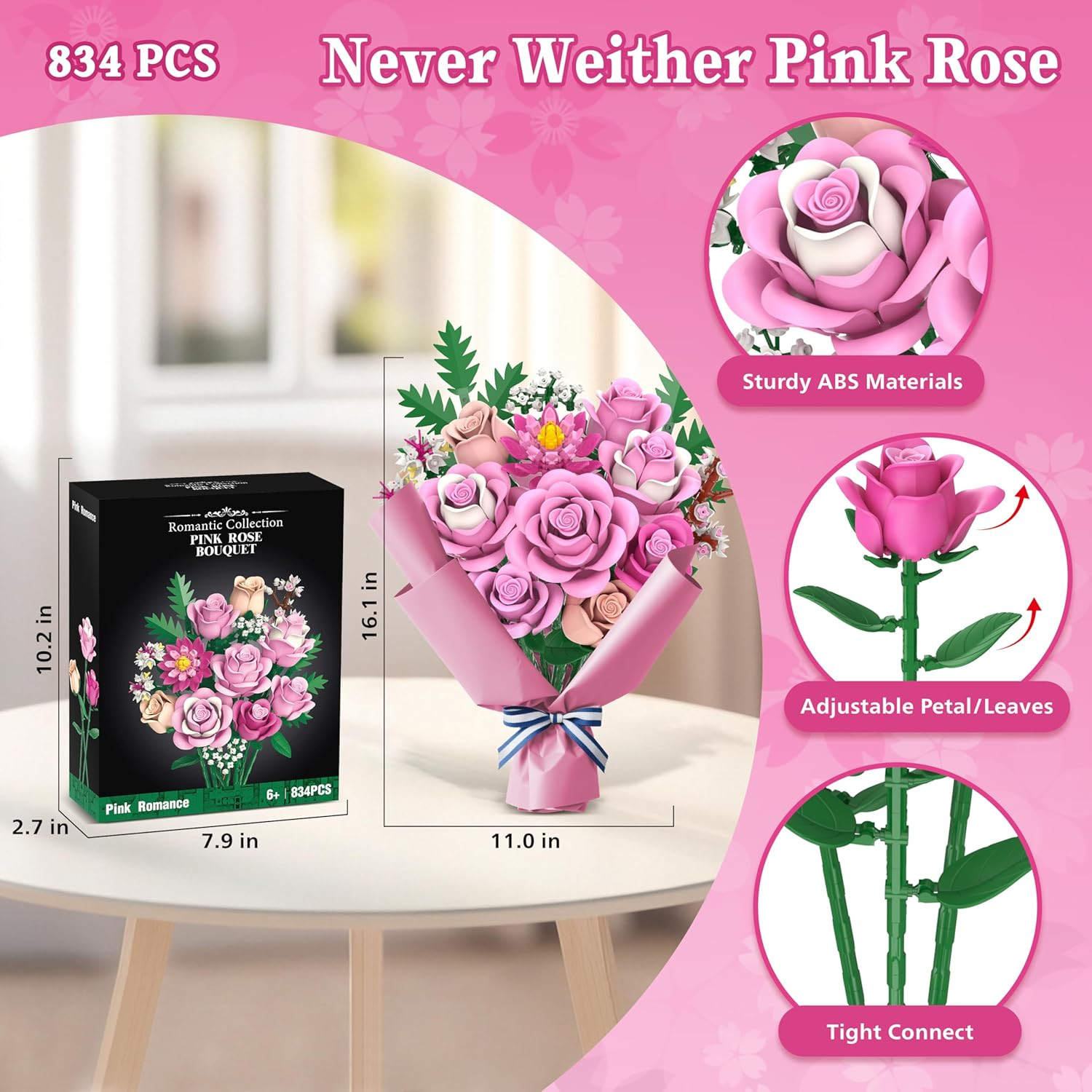 Pink Rose Bouquet Flowers Building Set, 834Pcs Roses Artificial Flowers Botanica