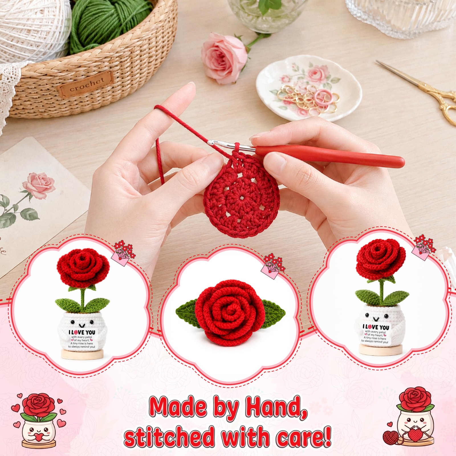 Positive Crochet Rose Flower Gift for Her, Romantic Anniversary Valentines Da…
