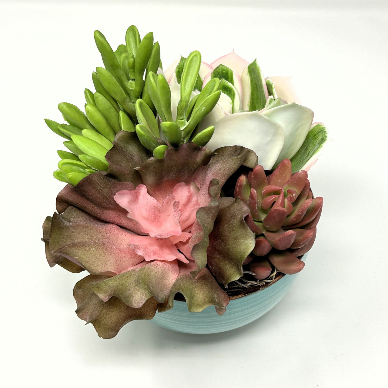 7″ Artificial MAUVE PINK mixed Succulent Garden #16, Blue Ceramic Bowl Planter
