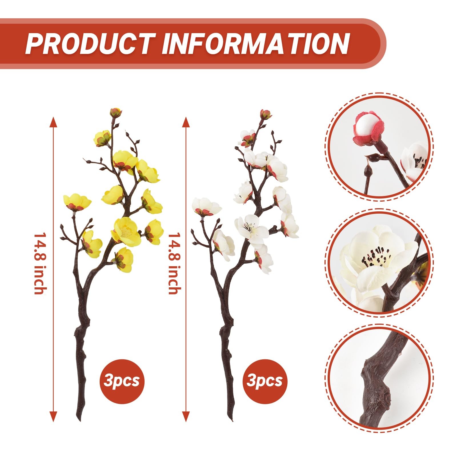Artificial Plum Blossom 6 Pack Simulation Long Stem Silk Flower Branches Home…