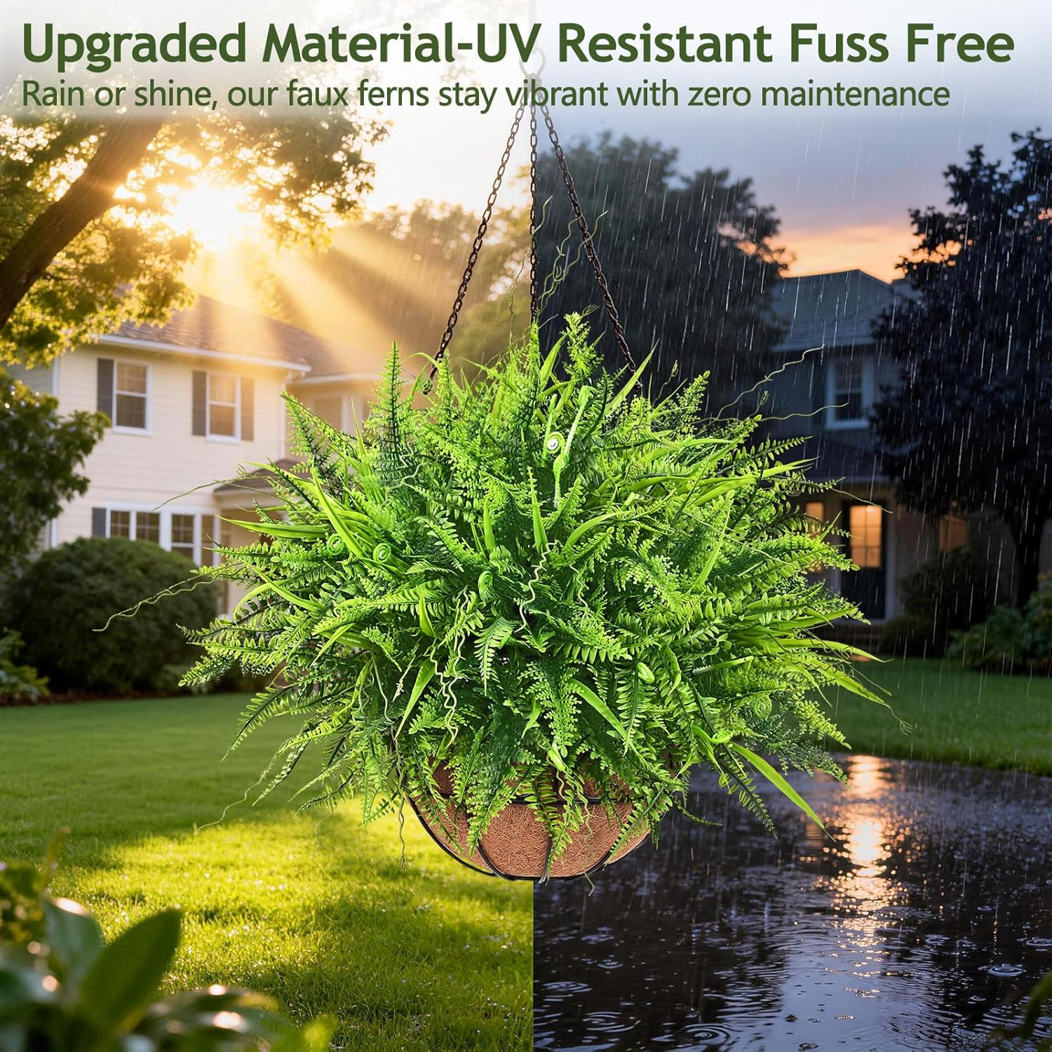2 Pack Artificial Hanging Ferns for Outdoors, UV Resistant Fake Mixed Ferns with