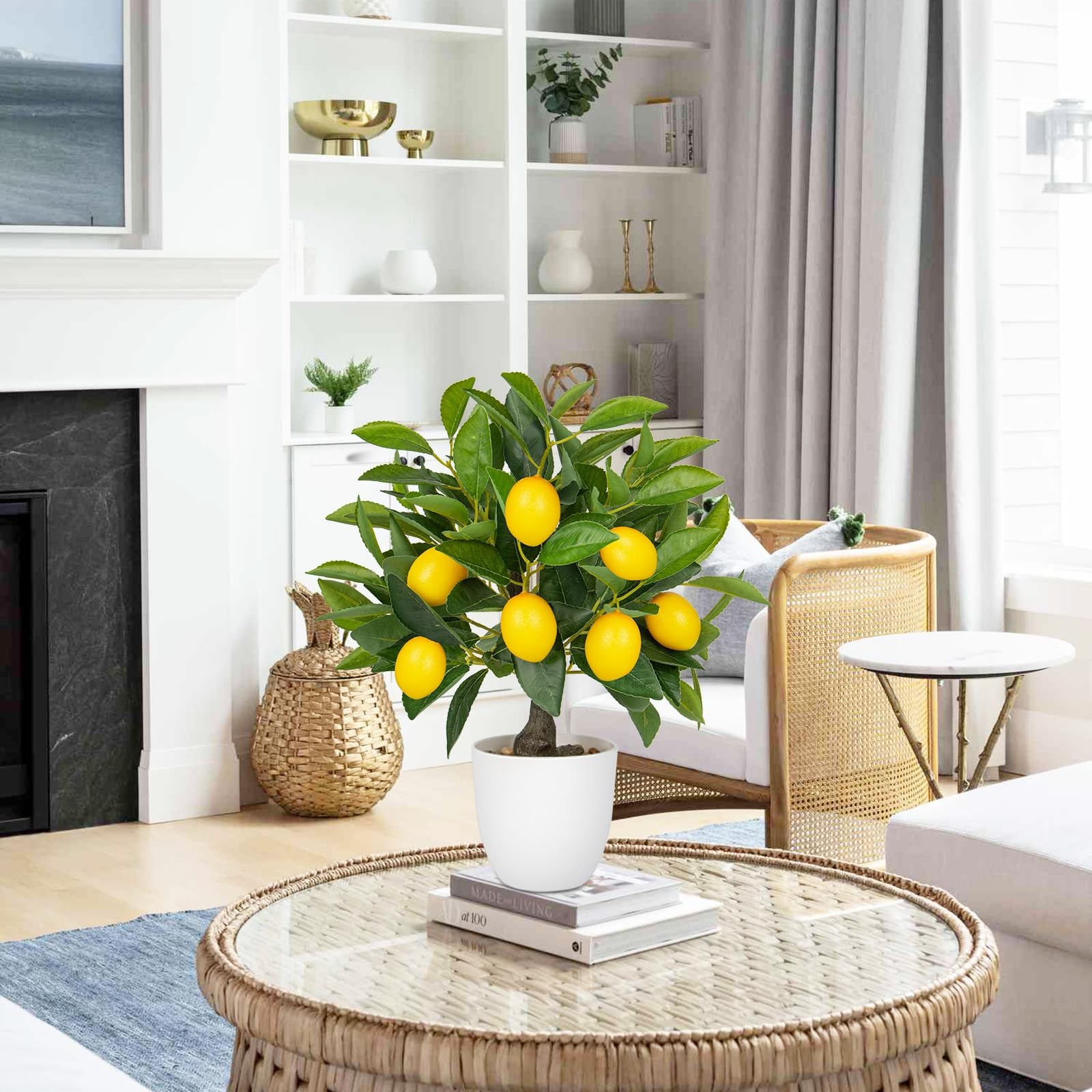 15.7 Inch Artificial Potted Plant Fake Lemon Citrus Tree White Pot Indoor