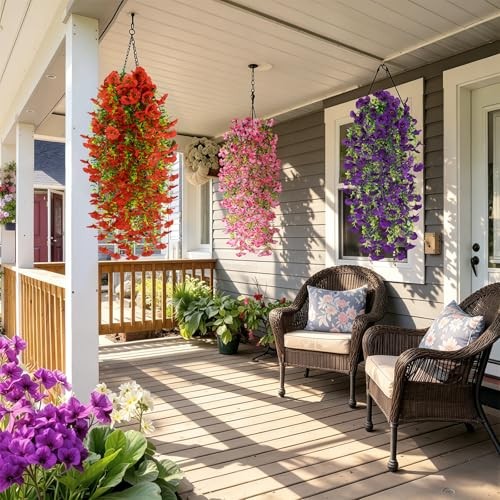 6 PCS Artificial Hanging Pansy Flowers, Silk Flowers for Outside, UV Red