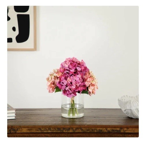 12″ Pink Faux Hydrangea Arrangement Clear Vase OB