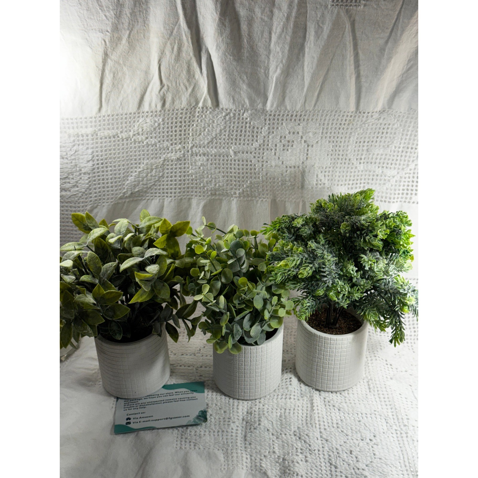 Set of 3 Artificial Potted Plants Faux Greenery in Gray Textured Ceramic Pots
