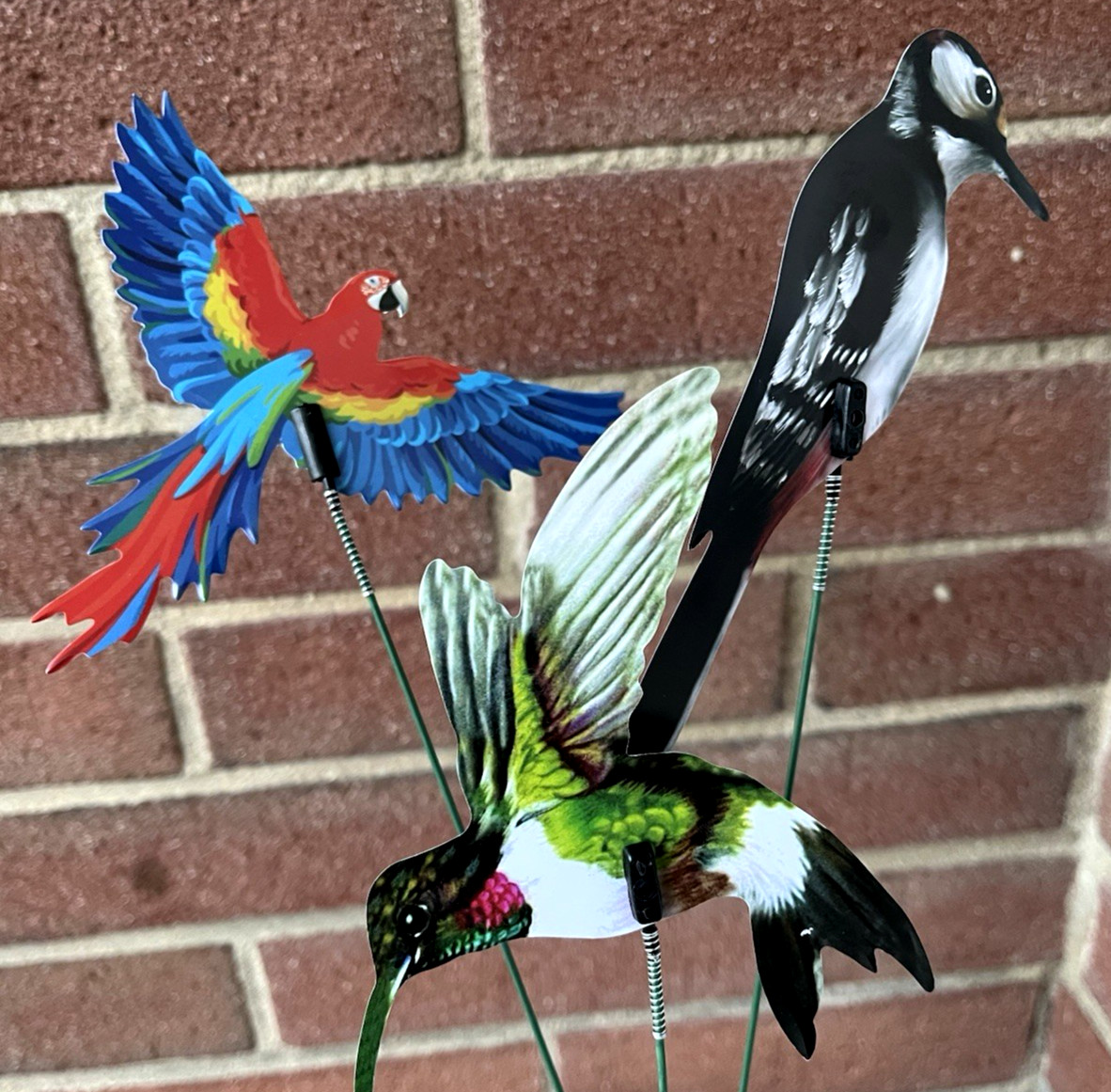 Bird Picks Lot of 3 Decorative Plastic w/Wire Stems Macaw Hummingbird Woodpecker