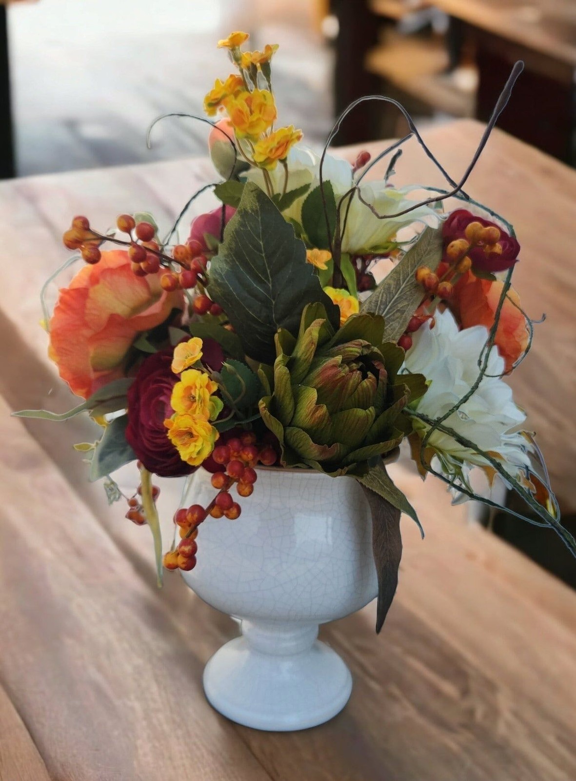 Autumn Artificial Floral Centerpiece With Sunflowers & Ranunculus Arrangement Wh