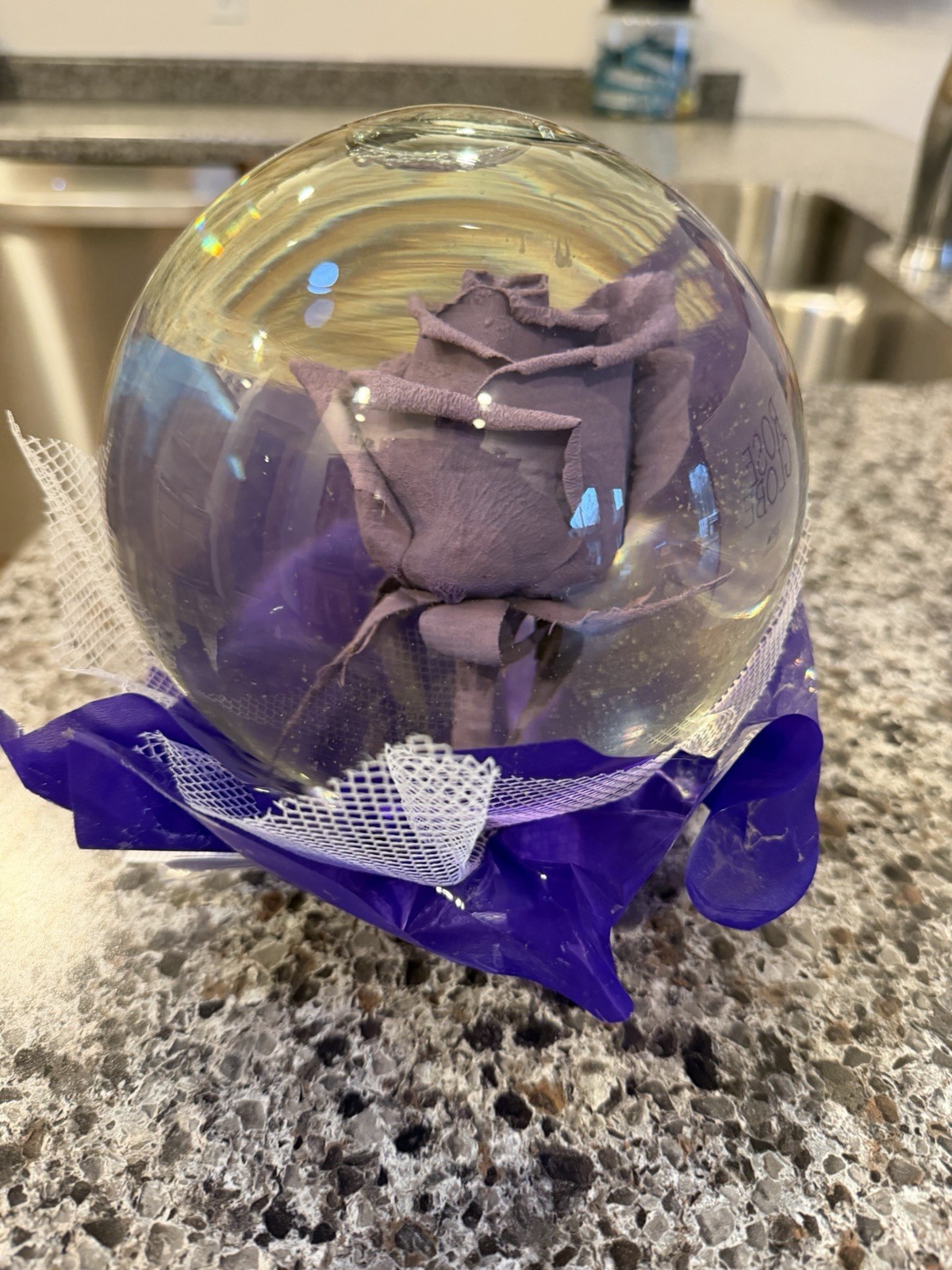 VIntage Preserved Lilac Real Rose in a glass Water Ball Dome Globe- Large 7”