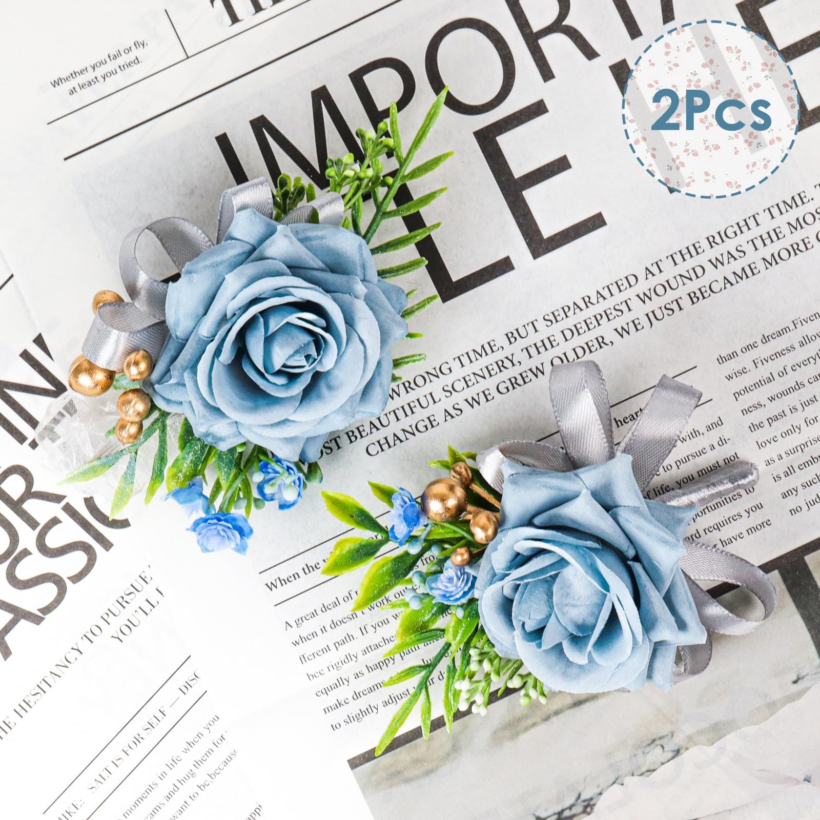 2 Pcs Blue Rose Wrist Corsage and Boutonniere Set, Rose Corsage Hand for Wome…
