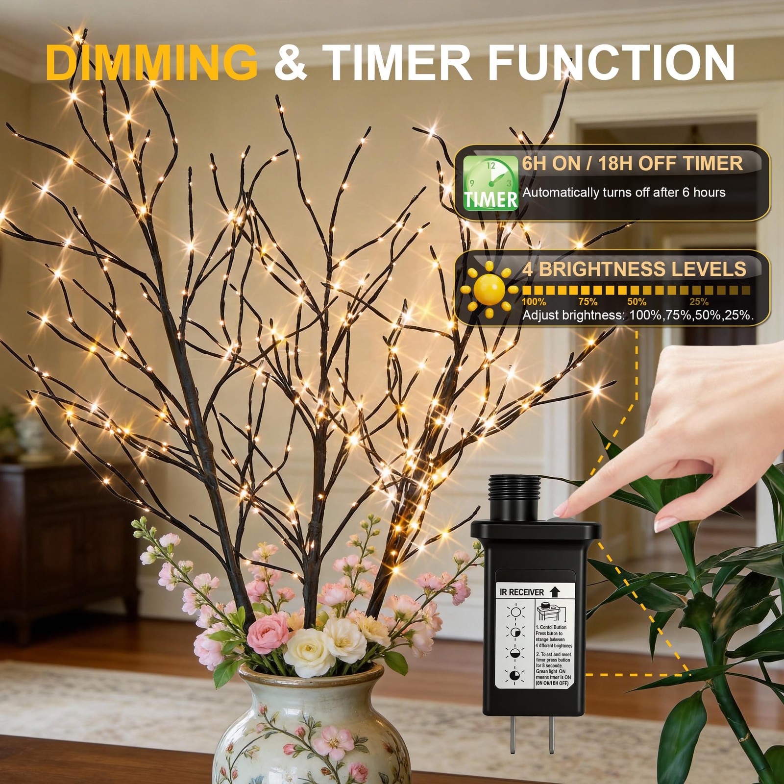 Lighted 41IN Artificial Twig Birch Tree Branch with 300 Fairy LED Lights Plug…