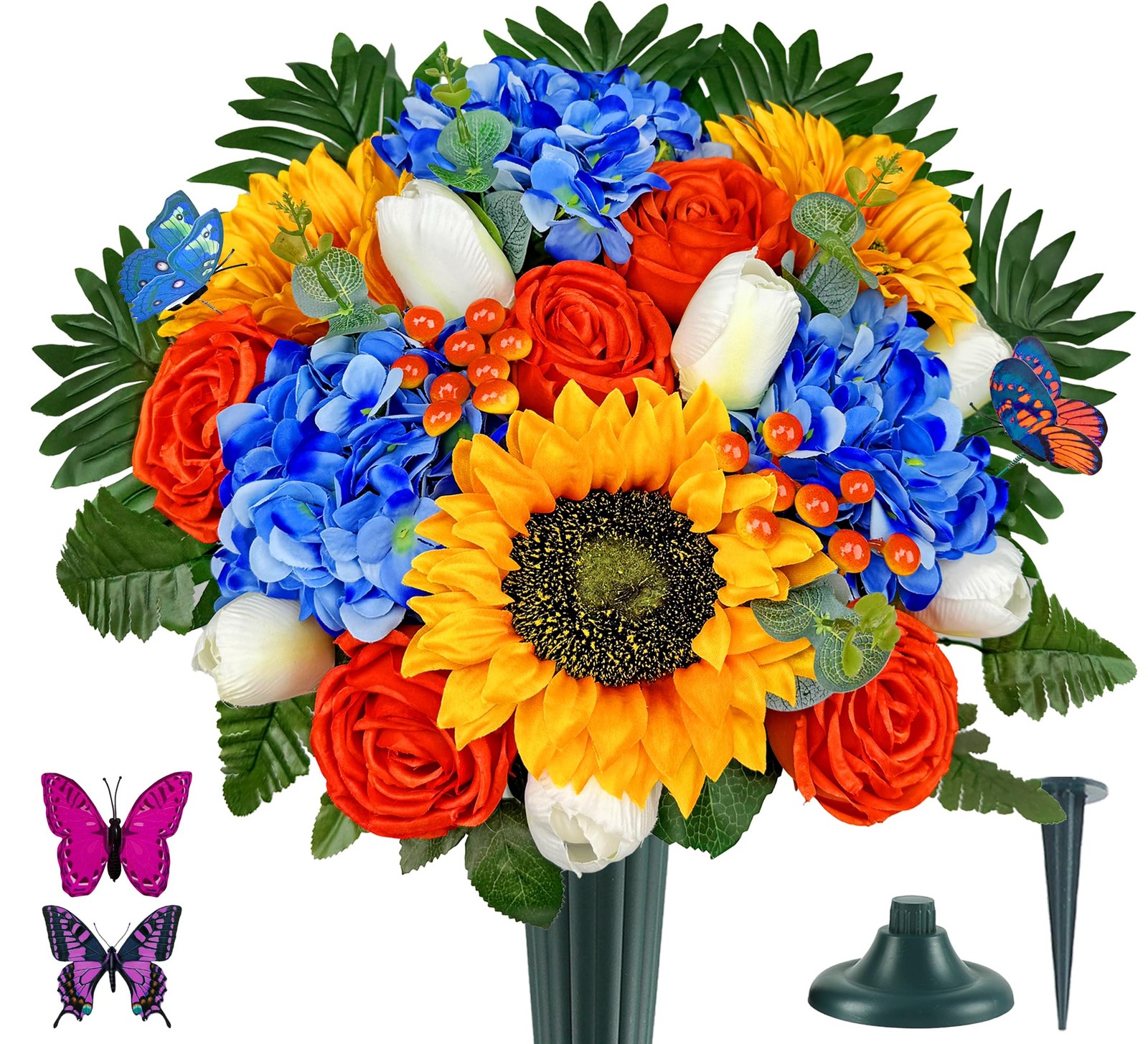 Artificial Cemetery Flowers Grave Vase Headstone Silk Arrangement Orange