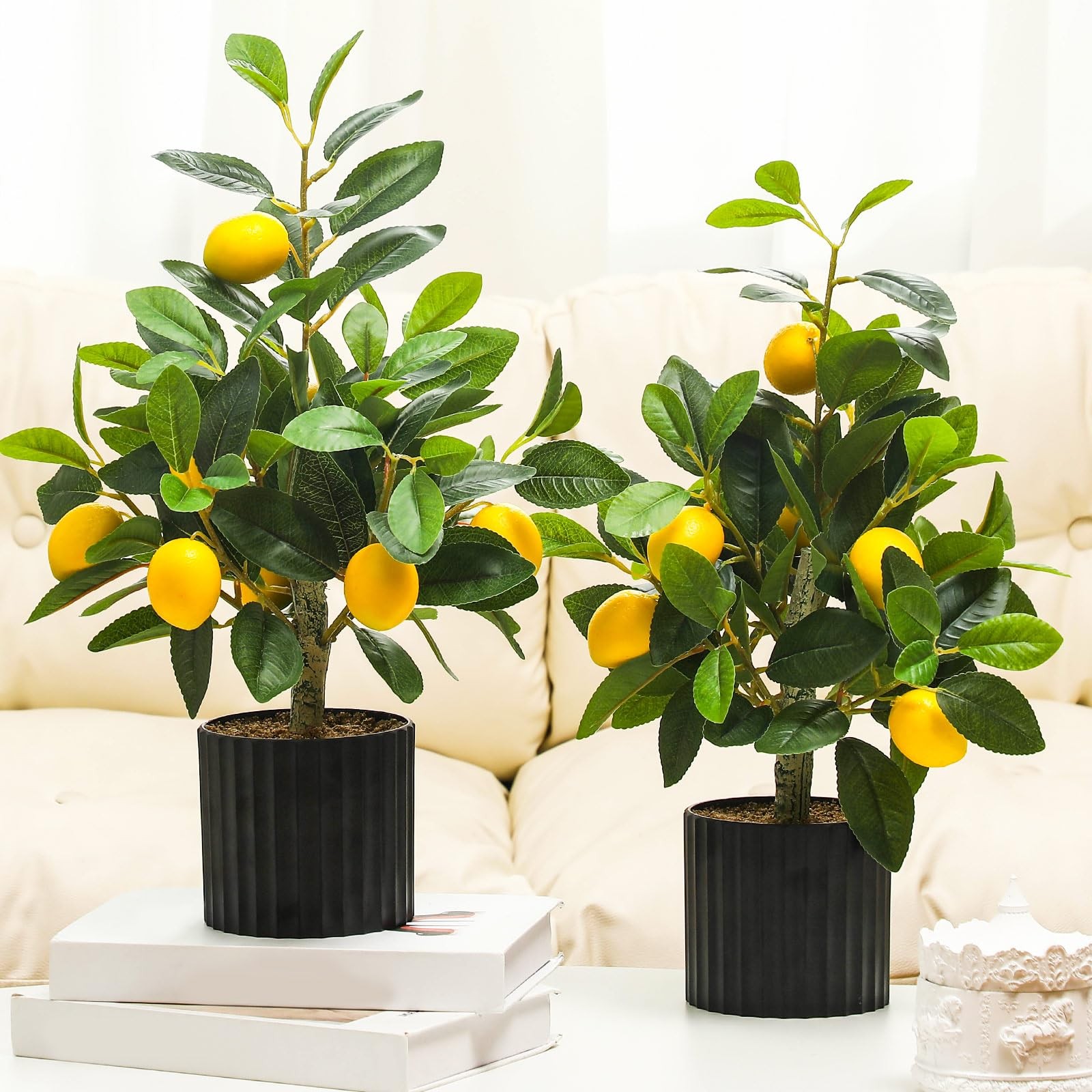 2 Pcs Artificial Lemon Tree 15.7 Inches Fake Artificial Potted Plants Faux Le…