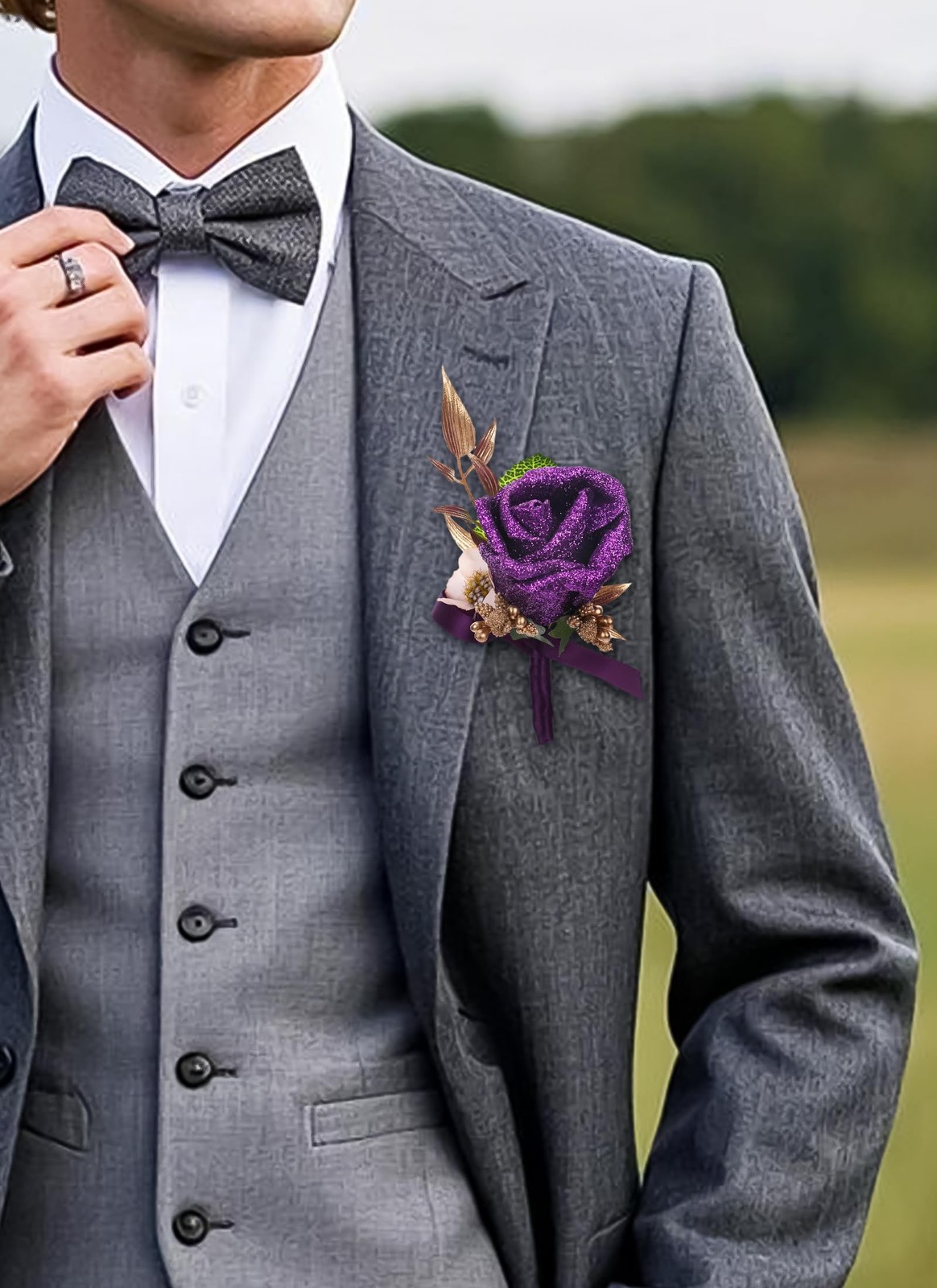 Purple Rose Boutonniere and Corsage Set – 2 Pcs Artificial Flowers Wrist Cors…