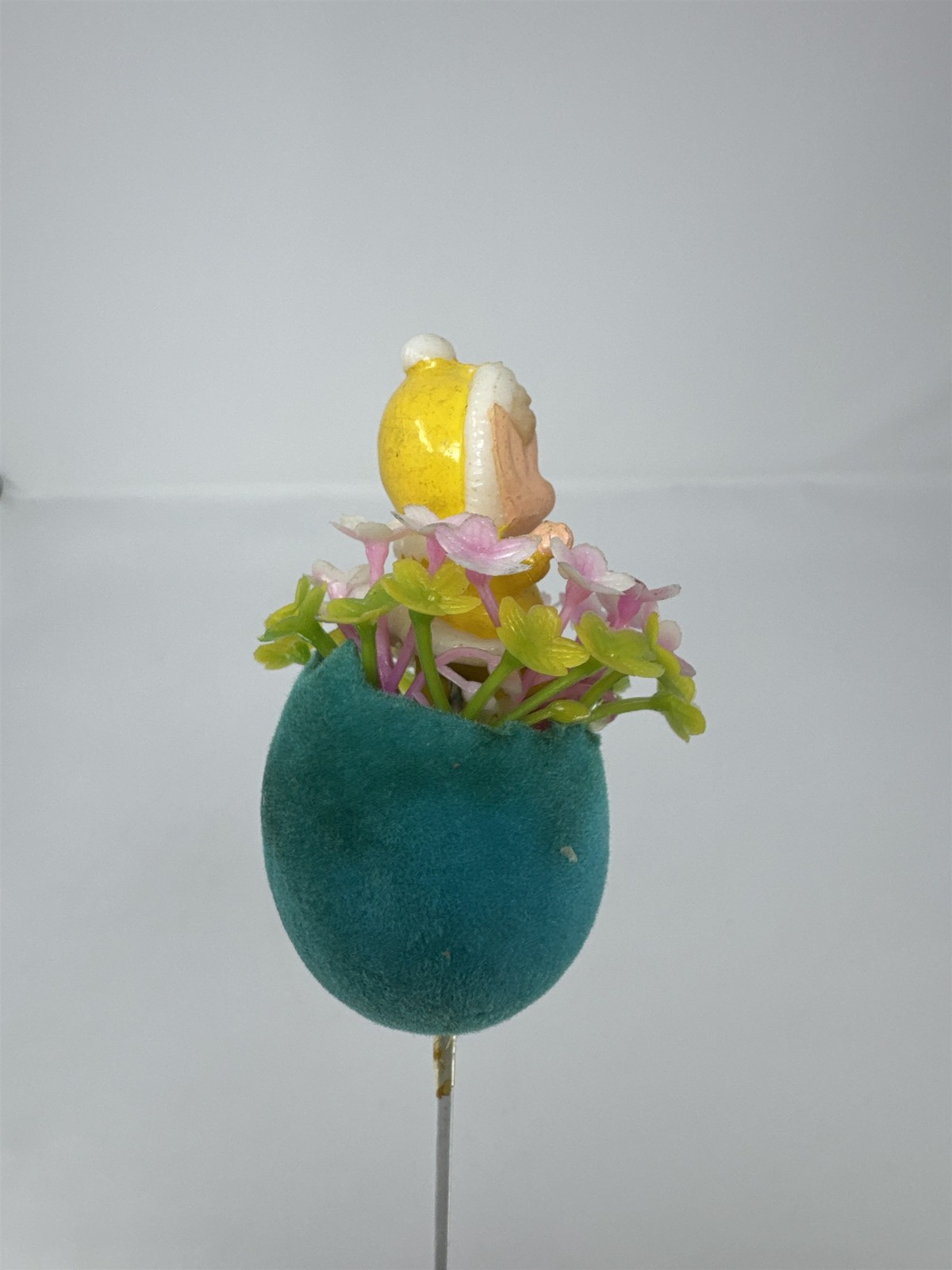 Vtg Easter Flocked Teal Egg Flower Pick Child Elf Figurine Playing Violin