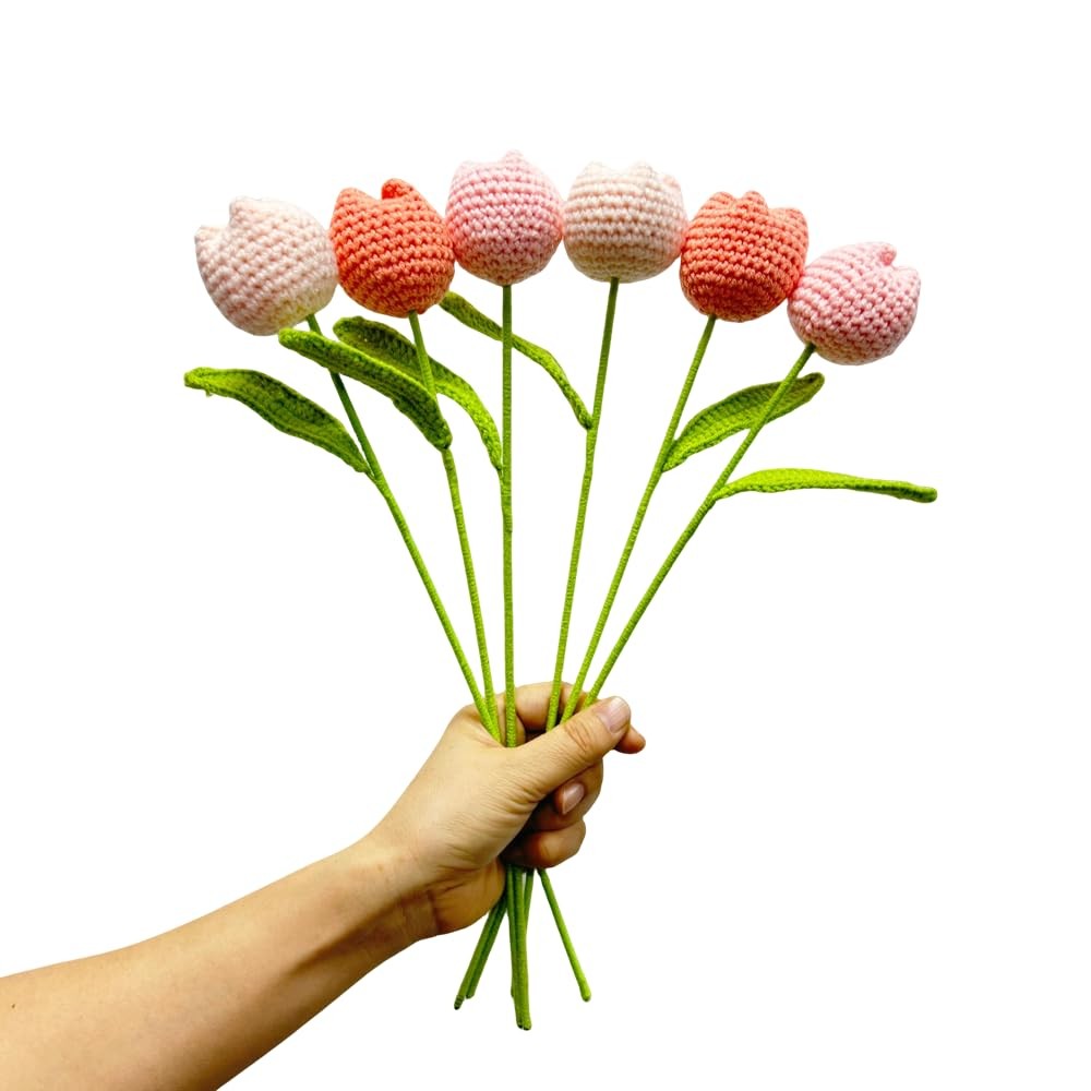 6 pcs Crochet Flower Tulip Bouquet,15″ Finished Hand-Woven Bouquets, Fake Flo…