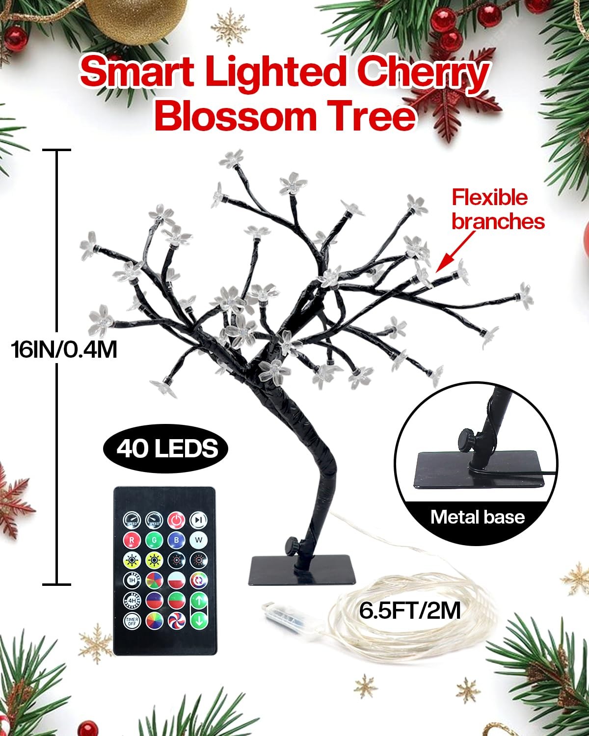 Smart LED Cherry Blossom Bonsai Tree 2 Pack, 16 Inch RGB Lamp