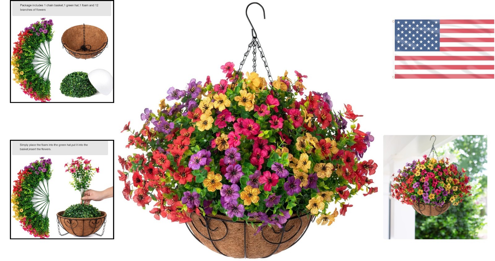 UV-Resistant Faux Hanging Basket with Colorful Daisy & Eucalyptus Flowers