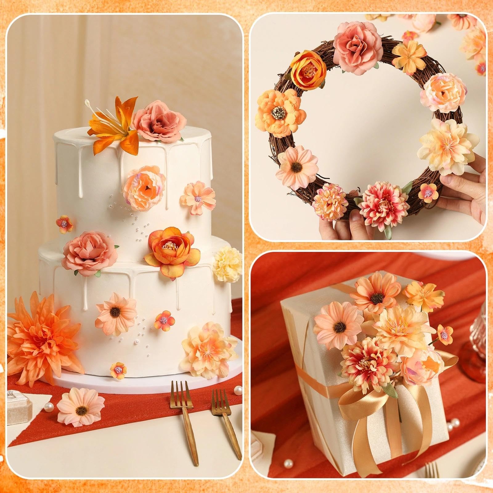 48 PCS Fall Artificial Flower Head Combo Orange Silk Faux Rose Wedding Decor