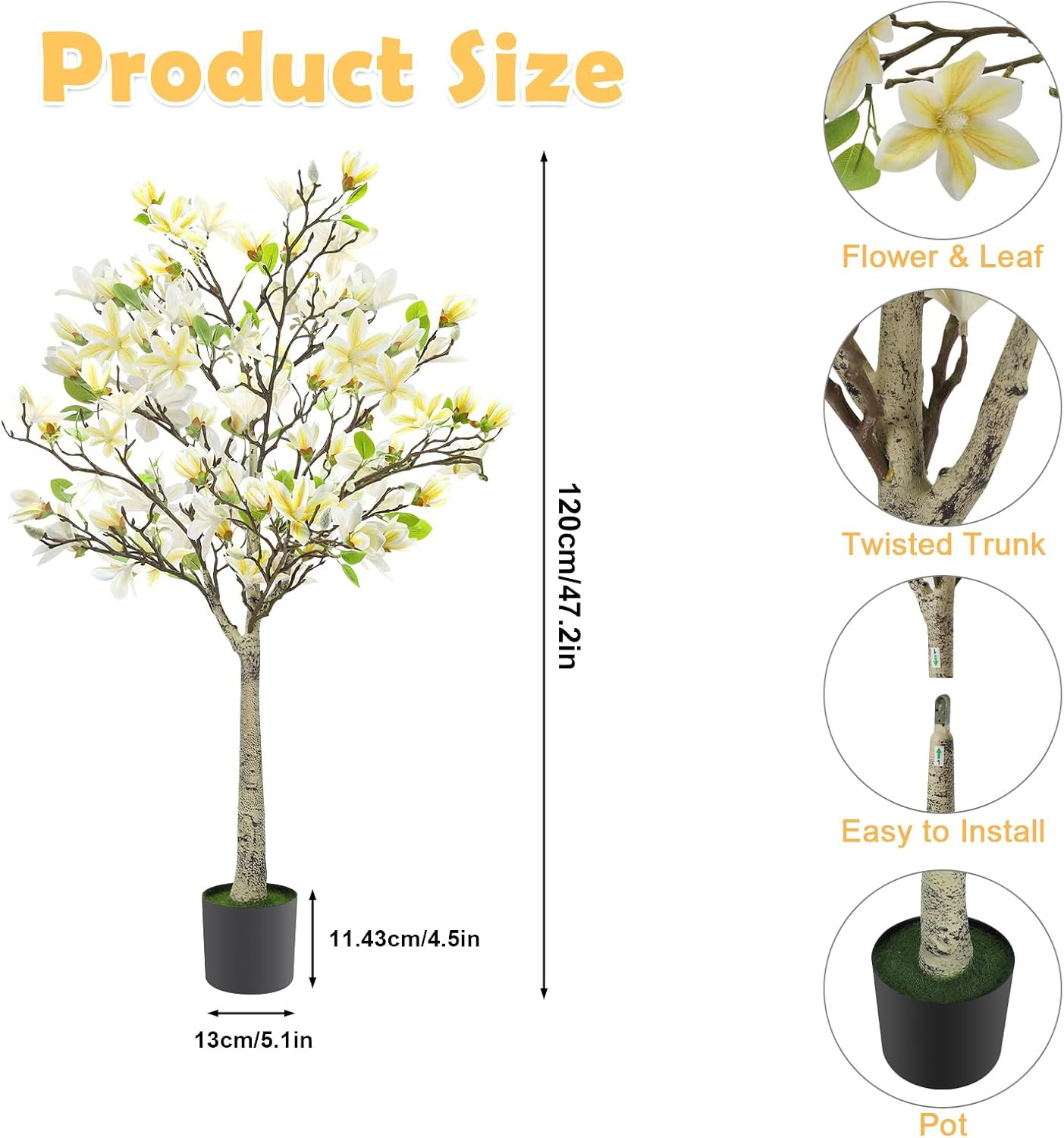 Faux Magnolia Tree 47.2″ with White Blooms, Indoor/Outdoor Farmhouse Decor