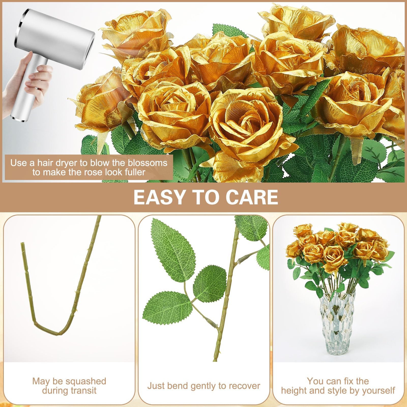 Hoemwarm 36 Pcs Gold Artificial Roses with Long Stems, Fake Silk Rose Artific…