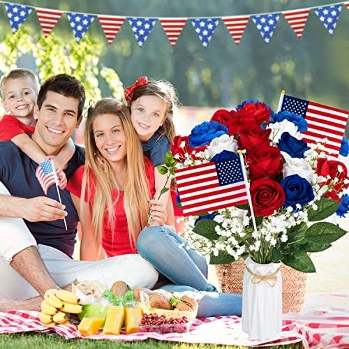 28 Pcs Red White and Blue Flowers, Patriotic Memorial Bouquet Atificial Flowers,
