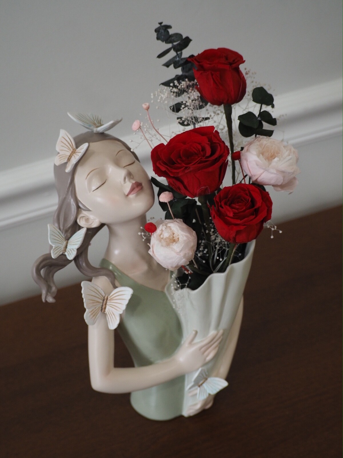 Preserved Flowers in Butterfly Girl Resin Vase, Floral Gifts for Loved Ones