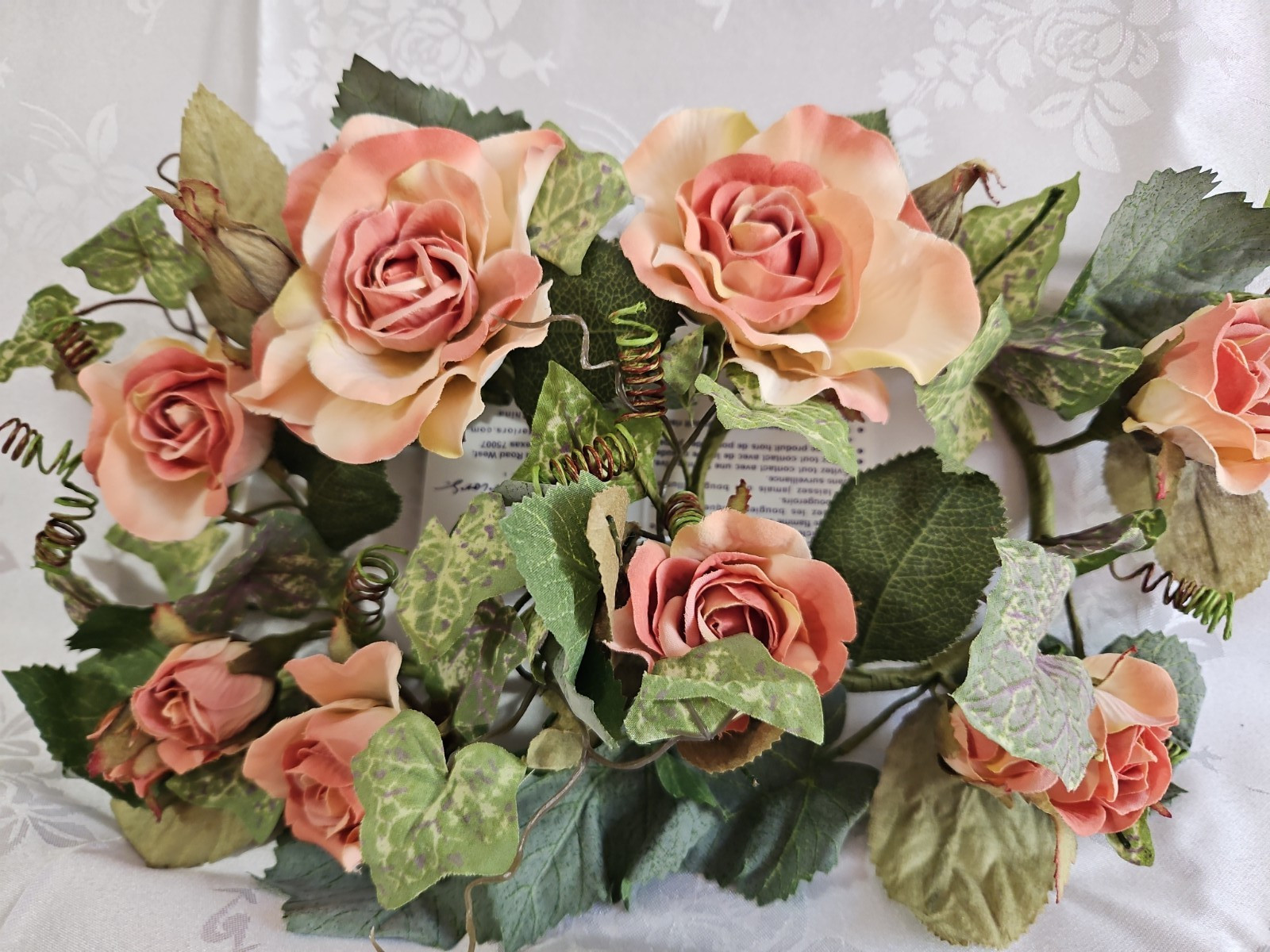Home Interiors 40501 Victorian Rose Ivy Pair Candle Rings /Peach Pink Sage/New