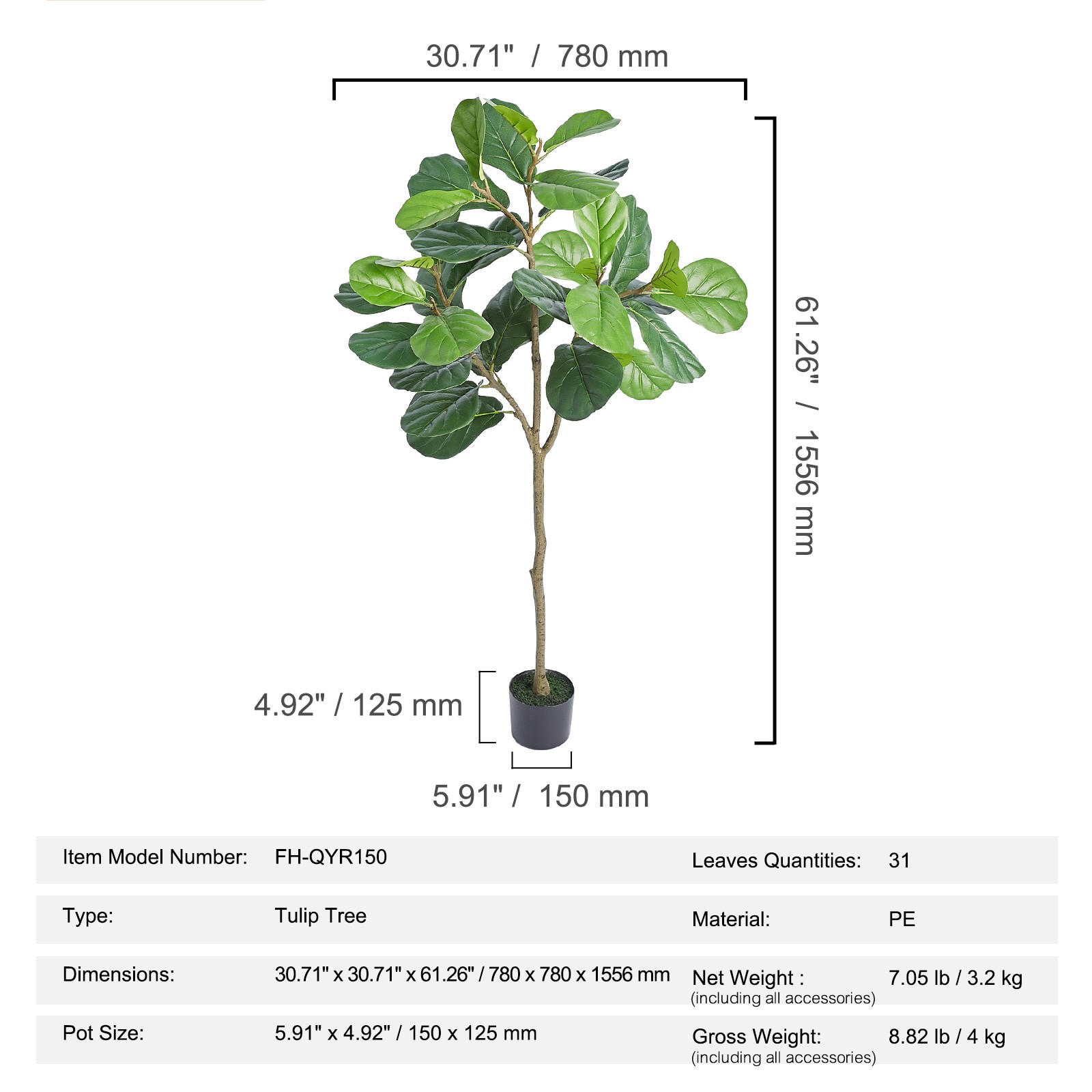 Uimoso 5ft Artificial Fiddle Leaf Fig Tree Indoor Outdoor Office Decor