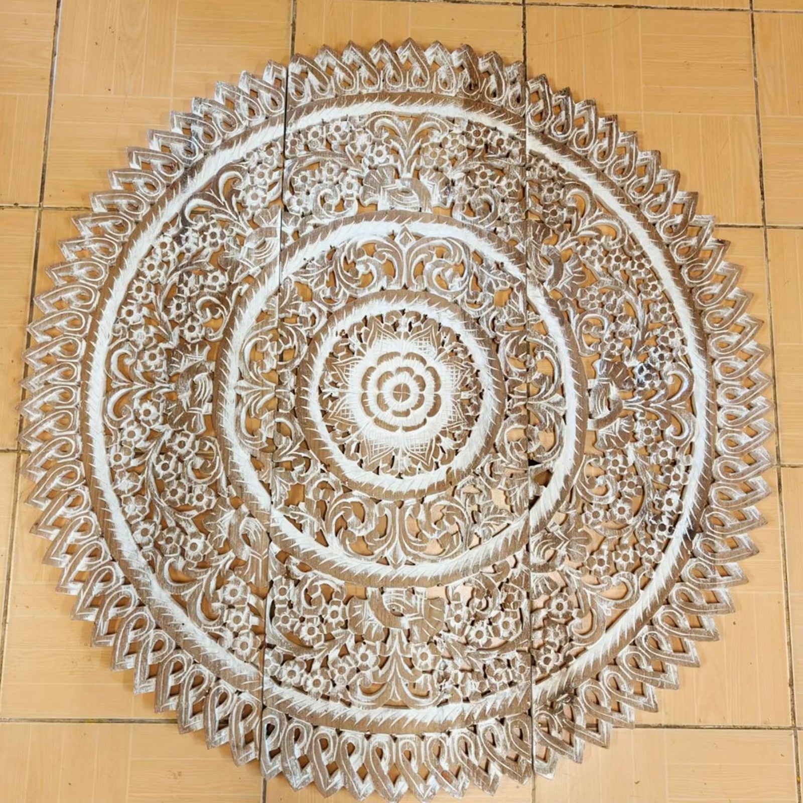 36″ Large Round White Mandala Wood Carving Wedding Decor Nursery Coastal Living