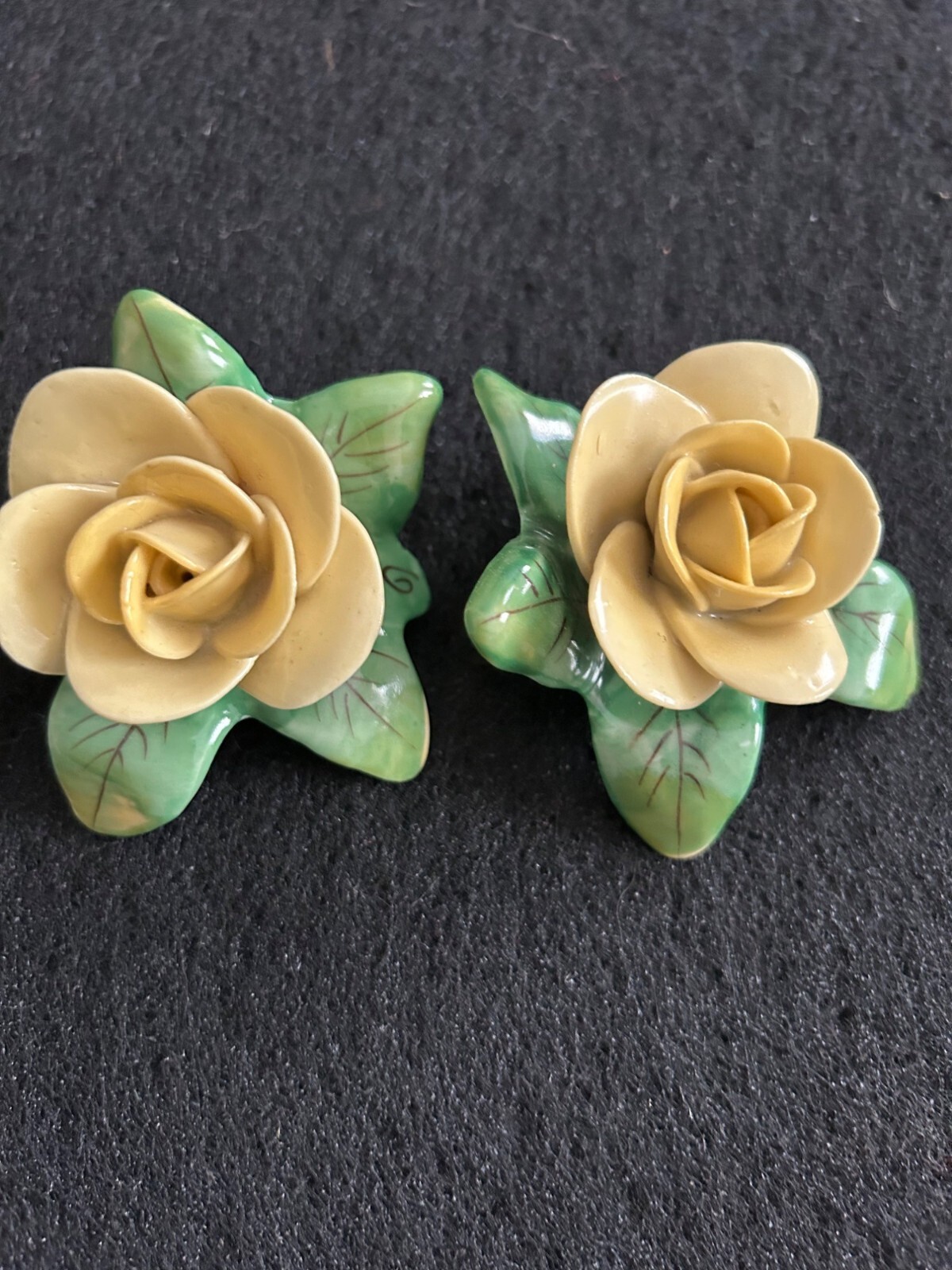 Porcelain Rose & Leaf Decor Cream & Green Hand Painted Floral Design Collectible