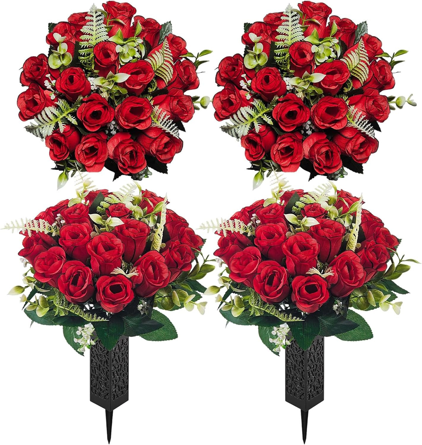 2 Pack Cemetery Flowers for Grave with Spiked Vases, 18-Stem Red Artificial Rose