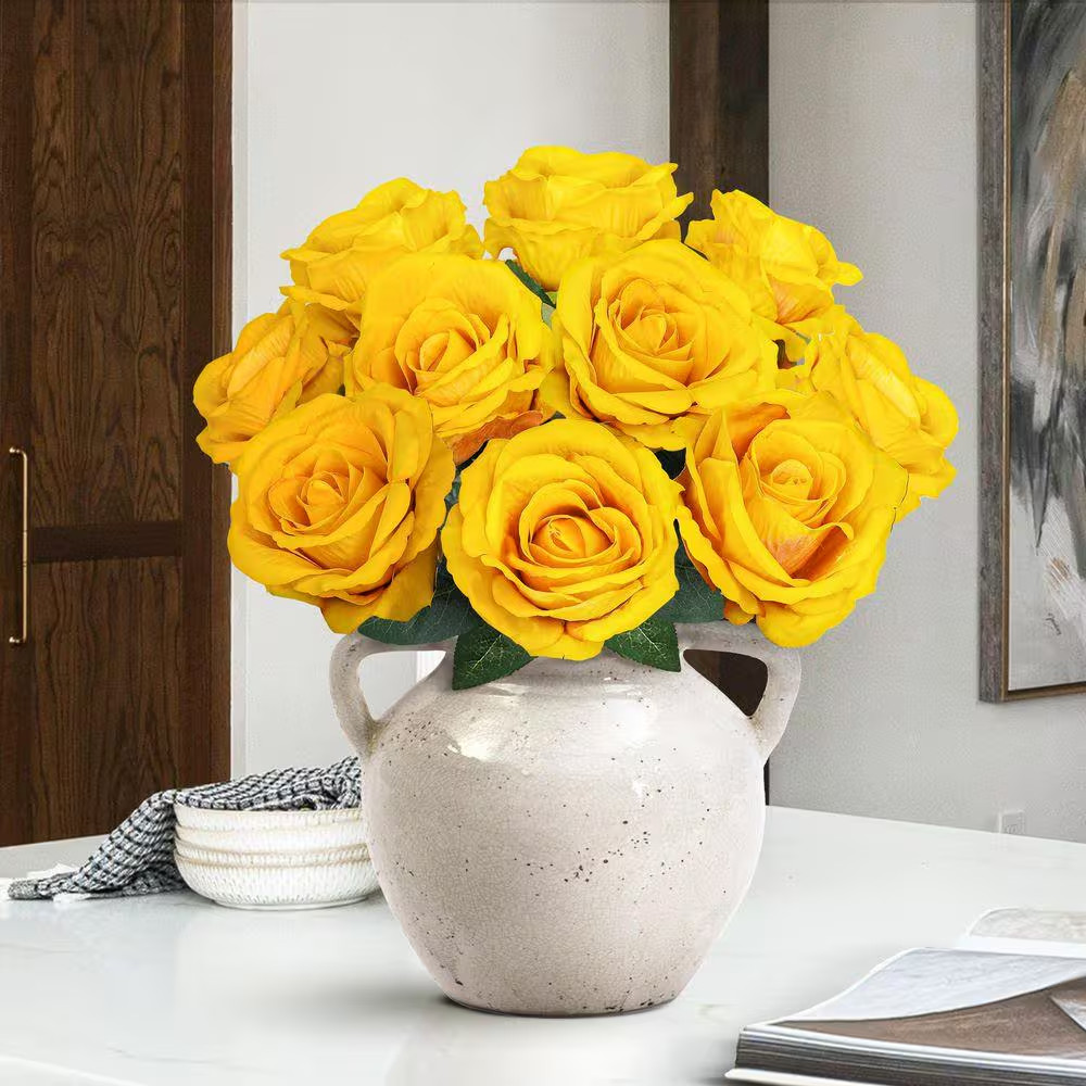 16 In. Yellow Artificial Velvet Rose Flower Stem Bush Bouquet (Set-2)