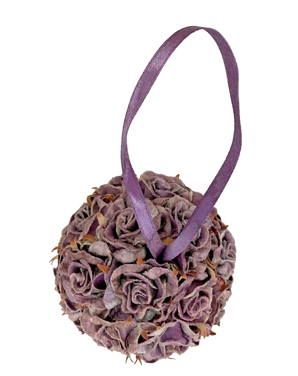 3 Purple Roses Balls w Ribbon hangers approx. 4.5″ diameter Velvet roses MINT
